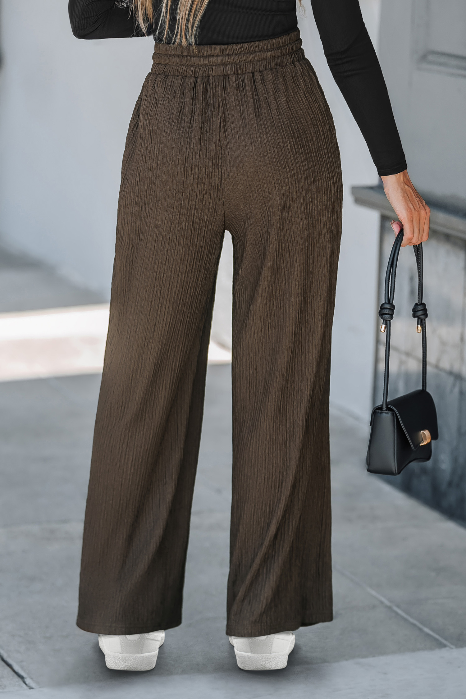 Brown Drawstring Waist Straight Leg Jersey Pants