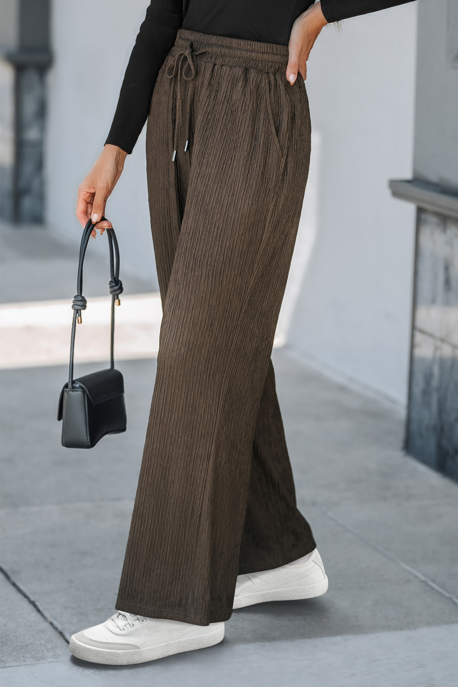 Brown Drawstring Waist Straight Leg Jersey Pants