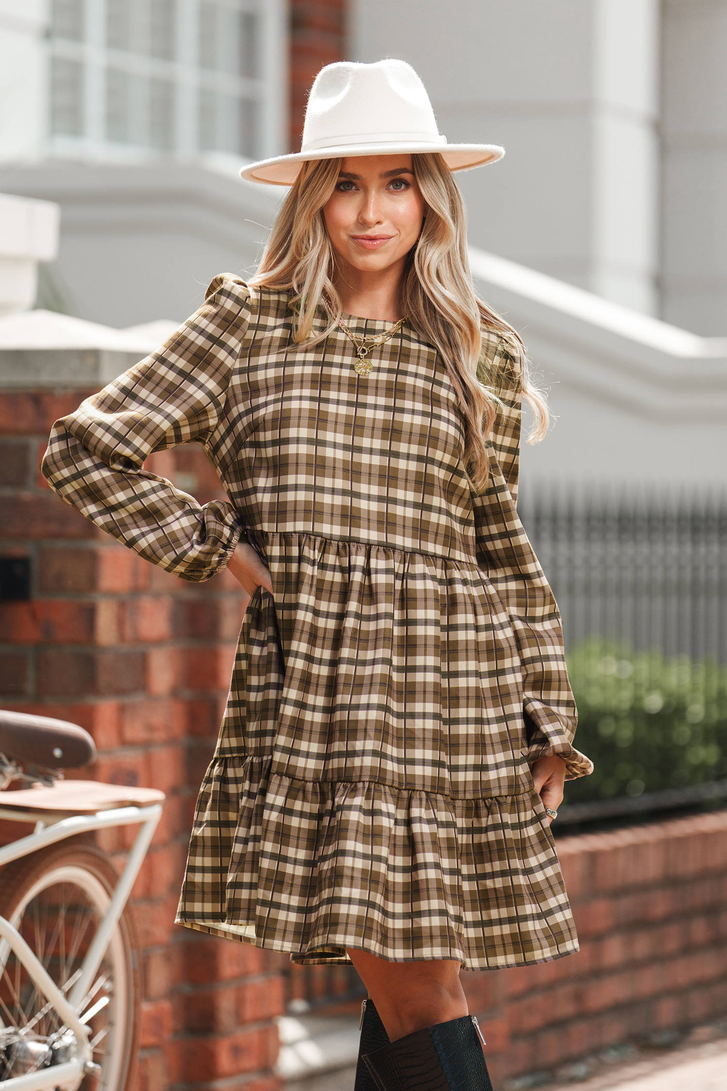 Brown Plaid Round Neck Long Sleeve Mini Dress