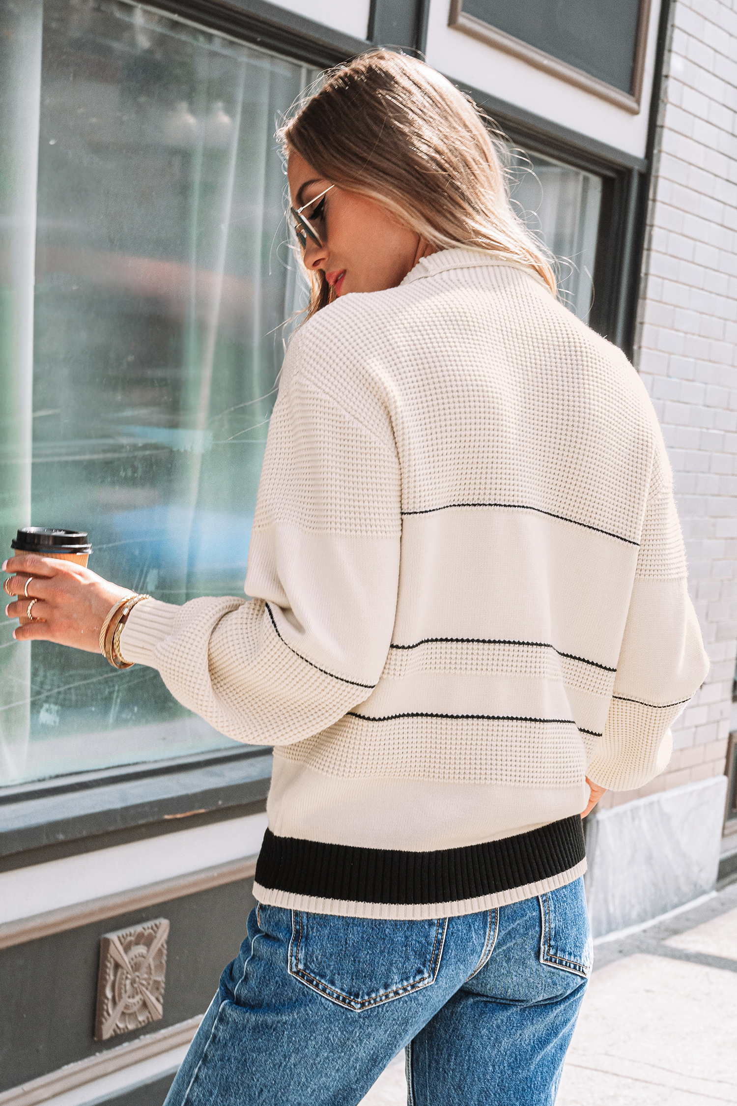 Black Striped Standing Collar Sweater