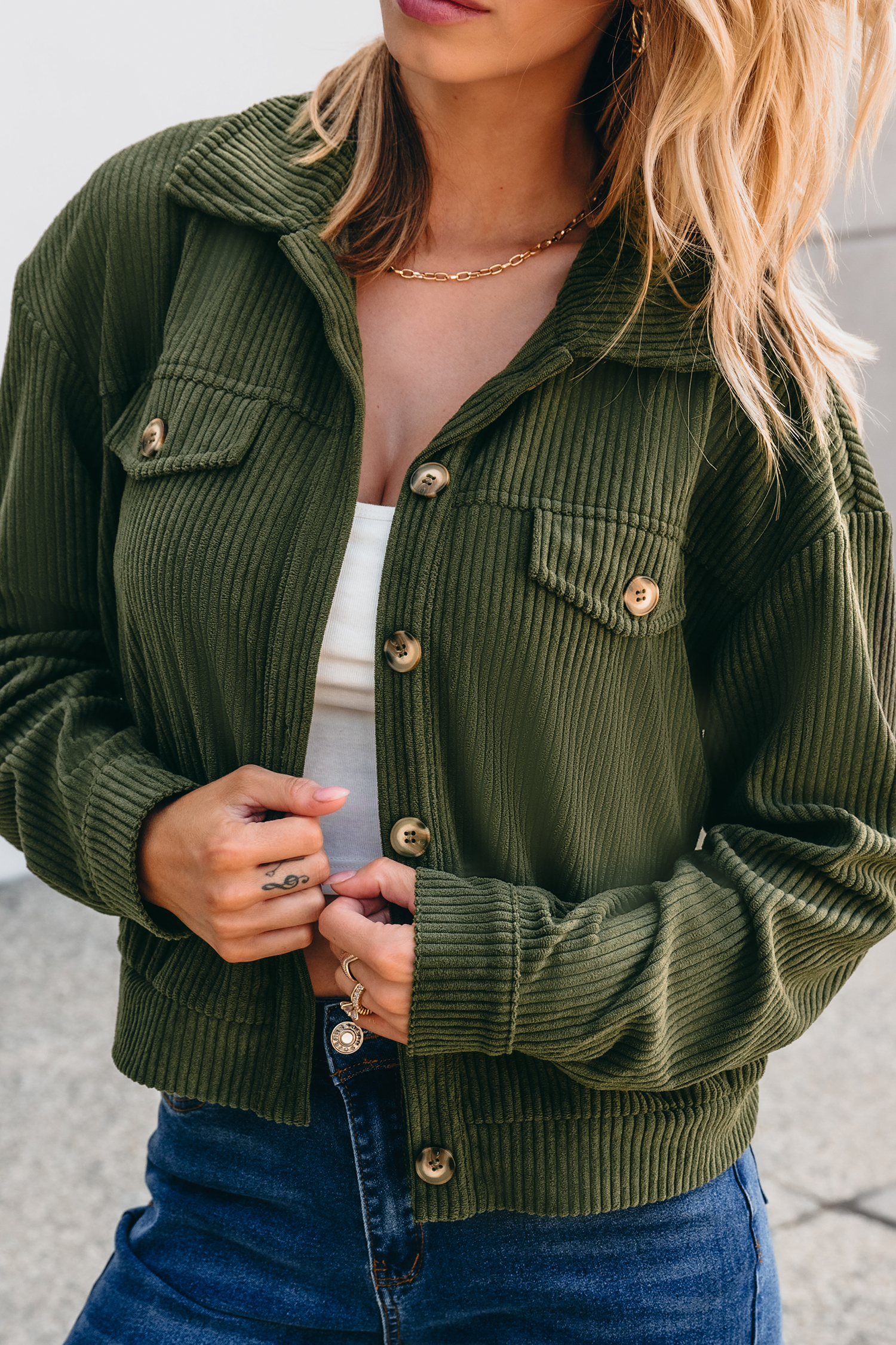 Green Corduroy Collared Long Sleeve Jacket