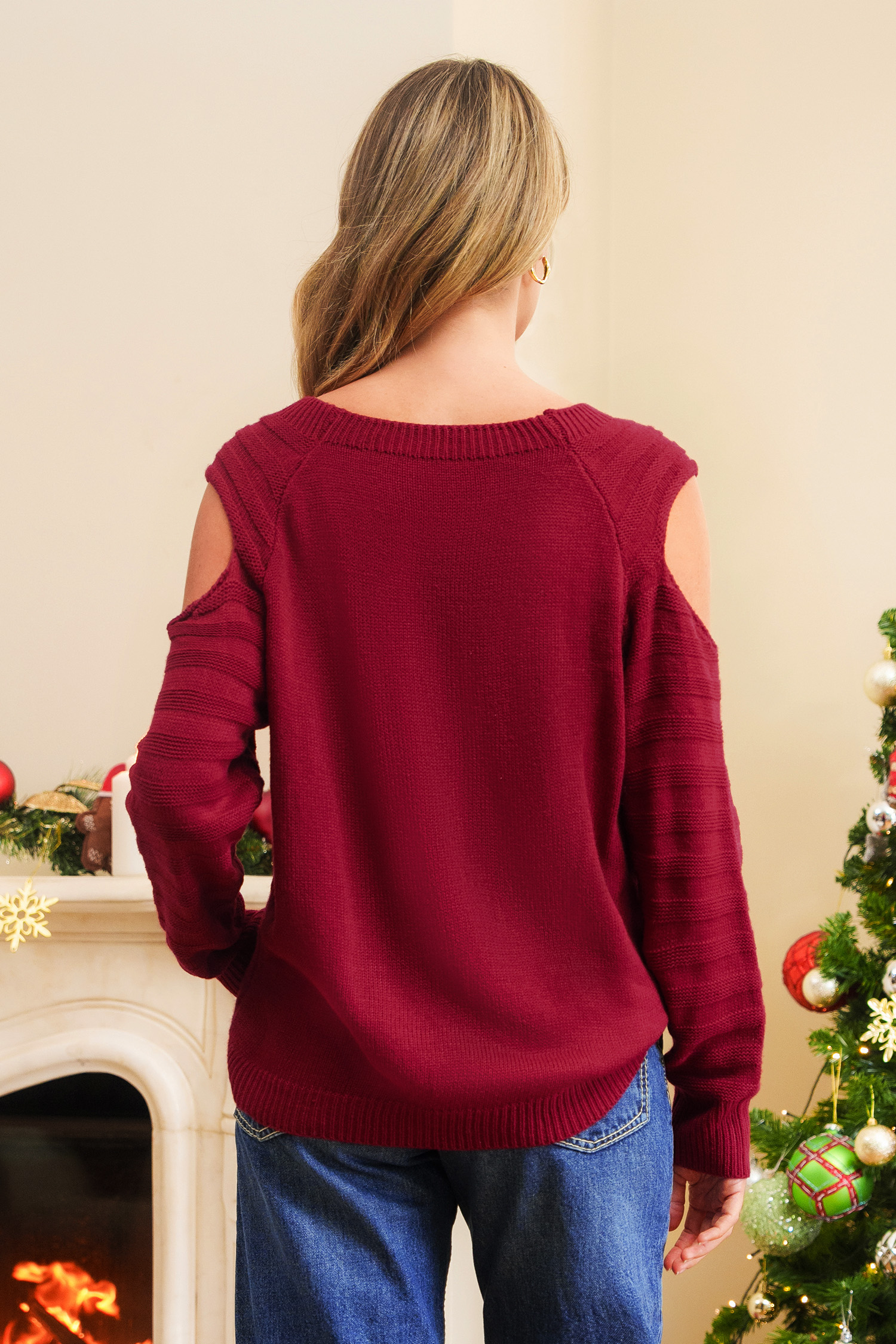 Red Cutout Shoulder Long Sleeve Sweater