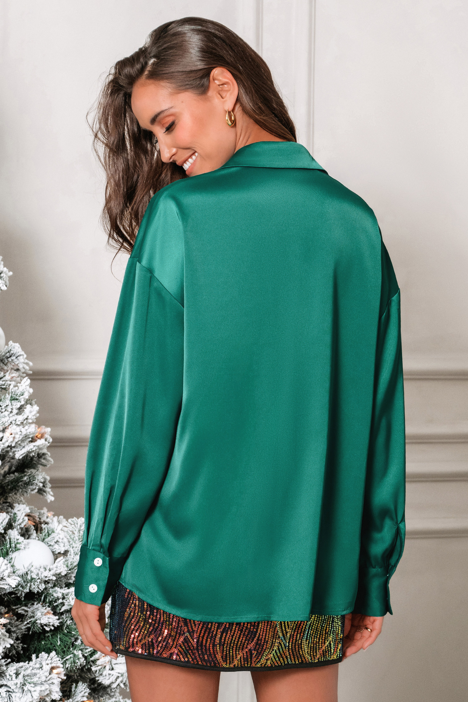 Green Satin Collared Button-Up Long Sleeve Blouse