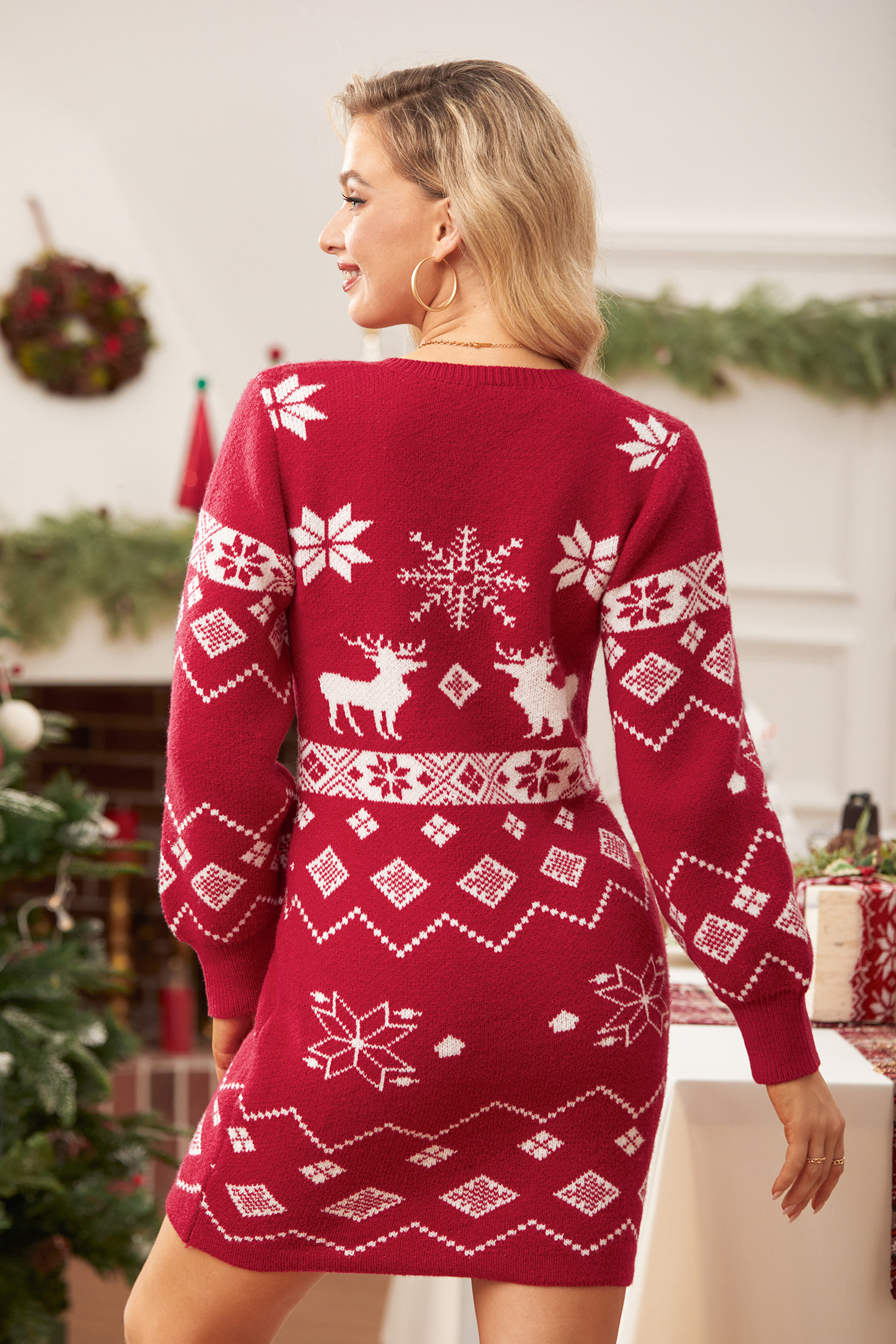 Red Winter Puff Sleeve Mini Jumper Dress