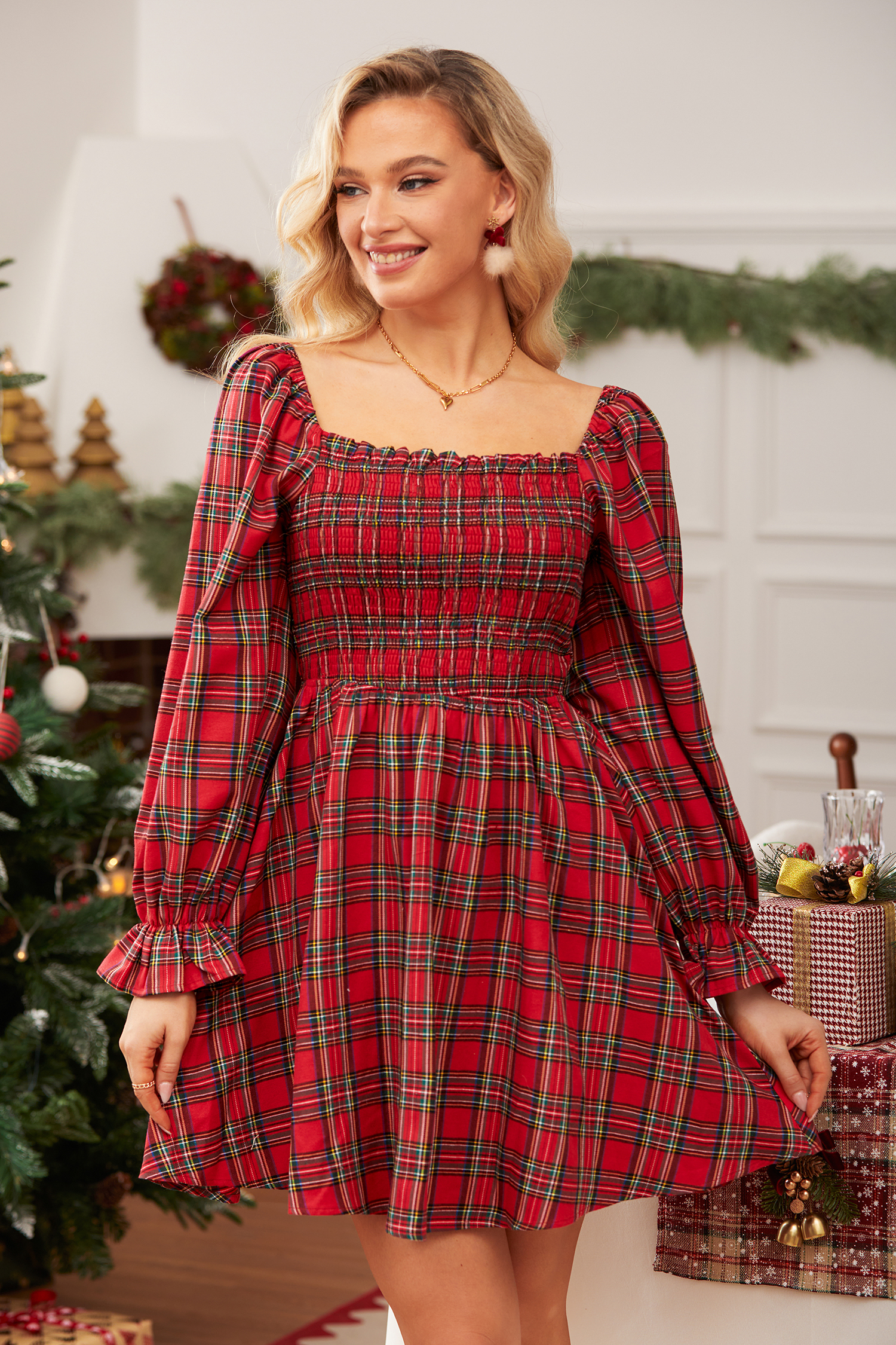 Cupshe Red Plaid Square Neck Puff Sleeve Mini Dress In Red