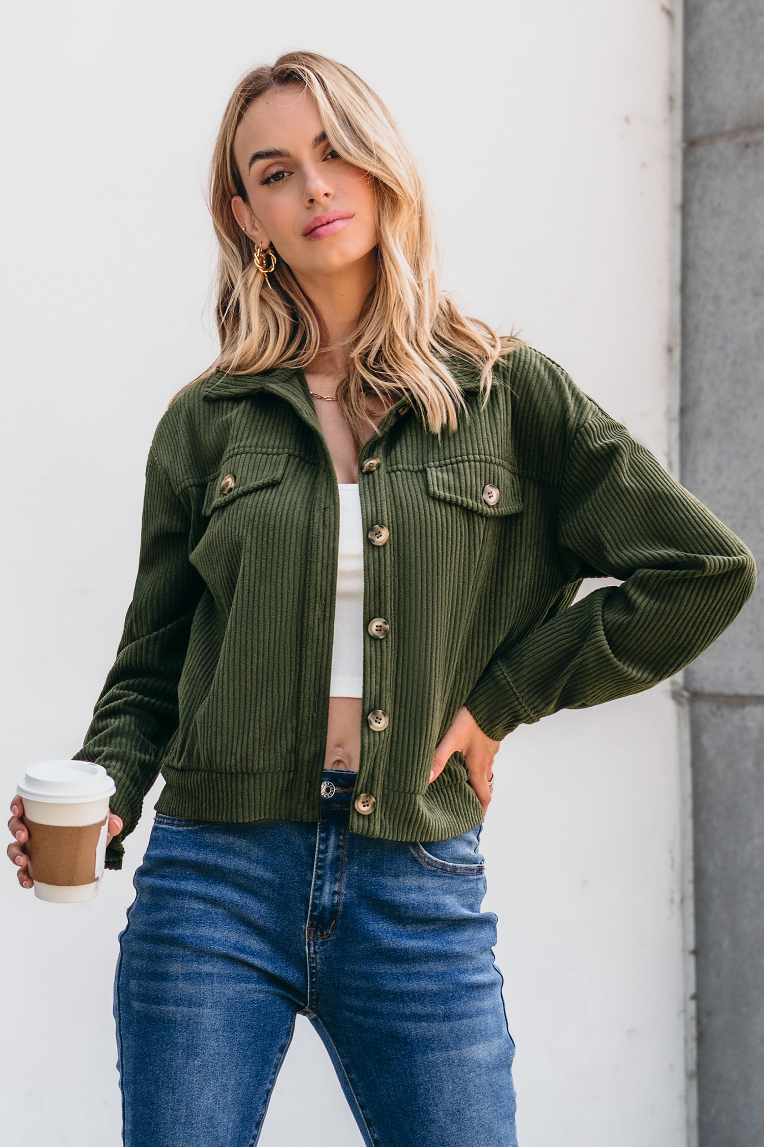 Green Corduroy Collared Long Sleeve Jacket