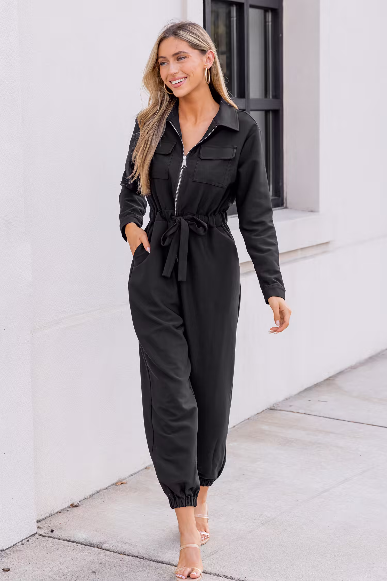 Schwarzer Reißverschluss Jumpsuit