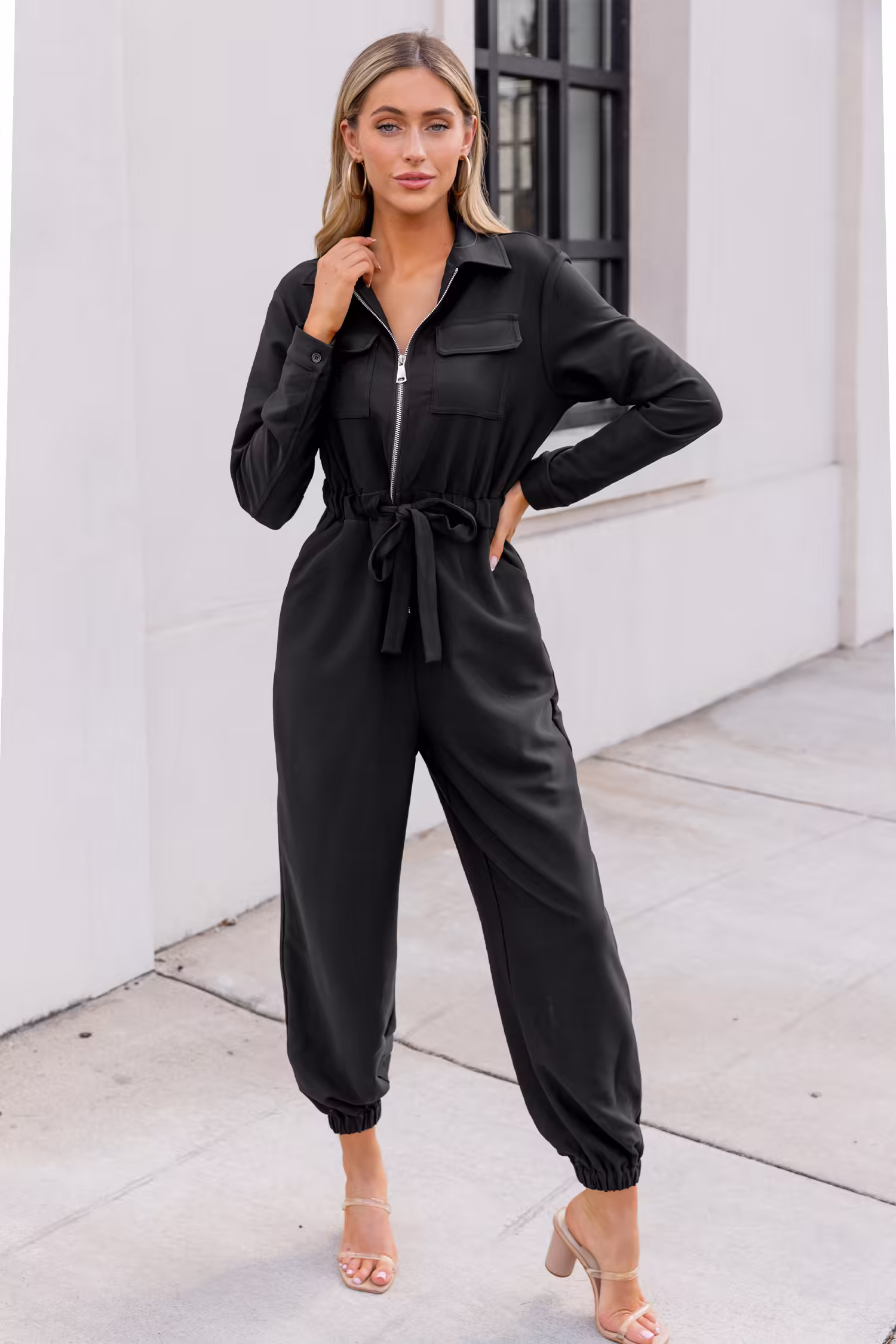 Schwarzer Reißverschluss Jumpsuit