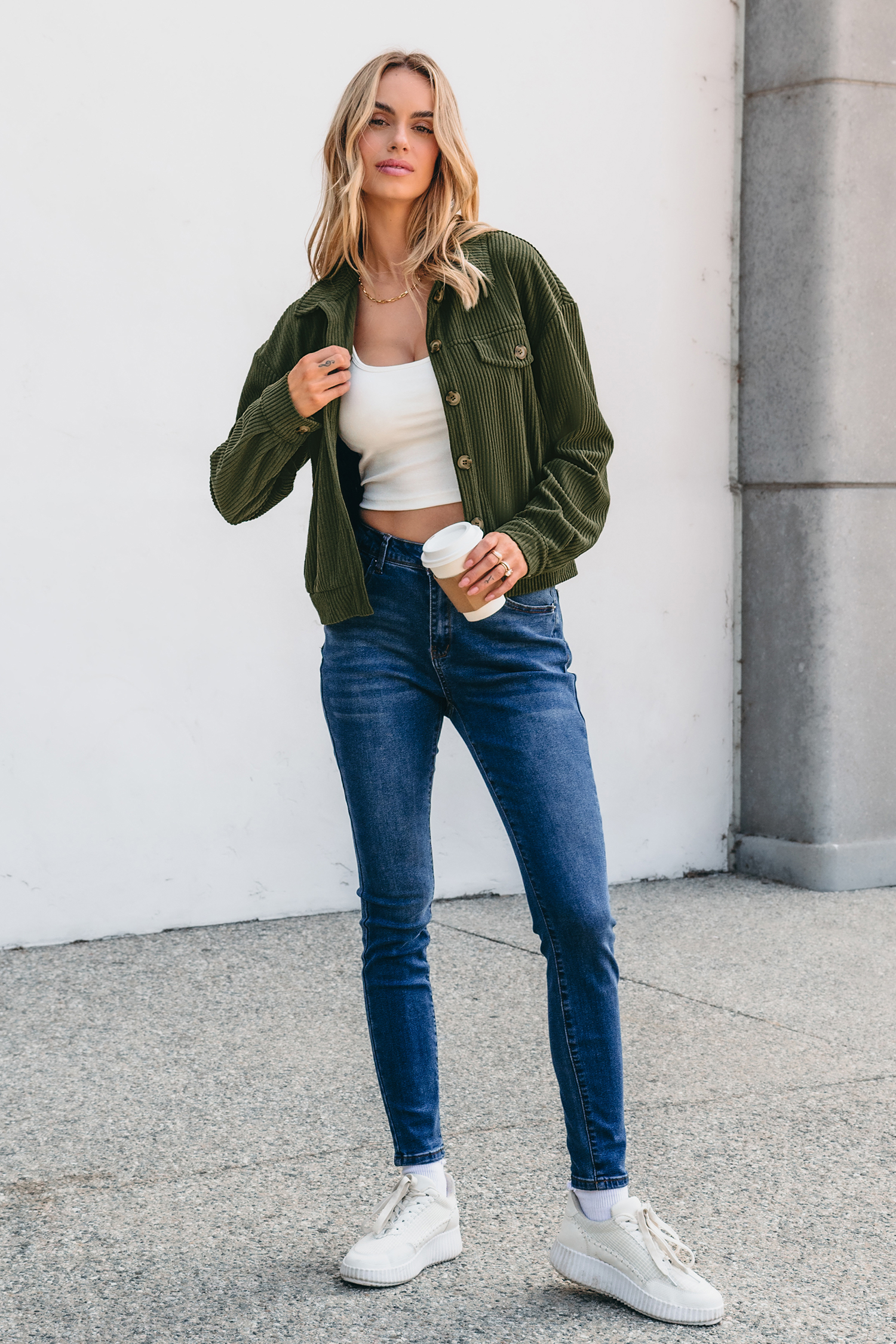 Green Corduroy Collared Long Sleeve Jacket