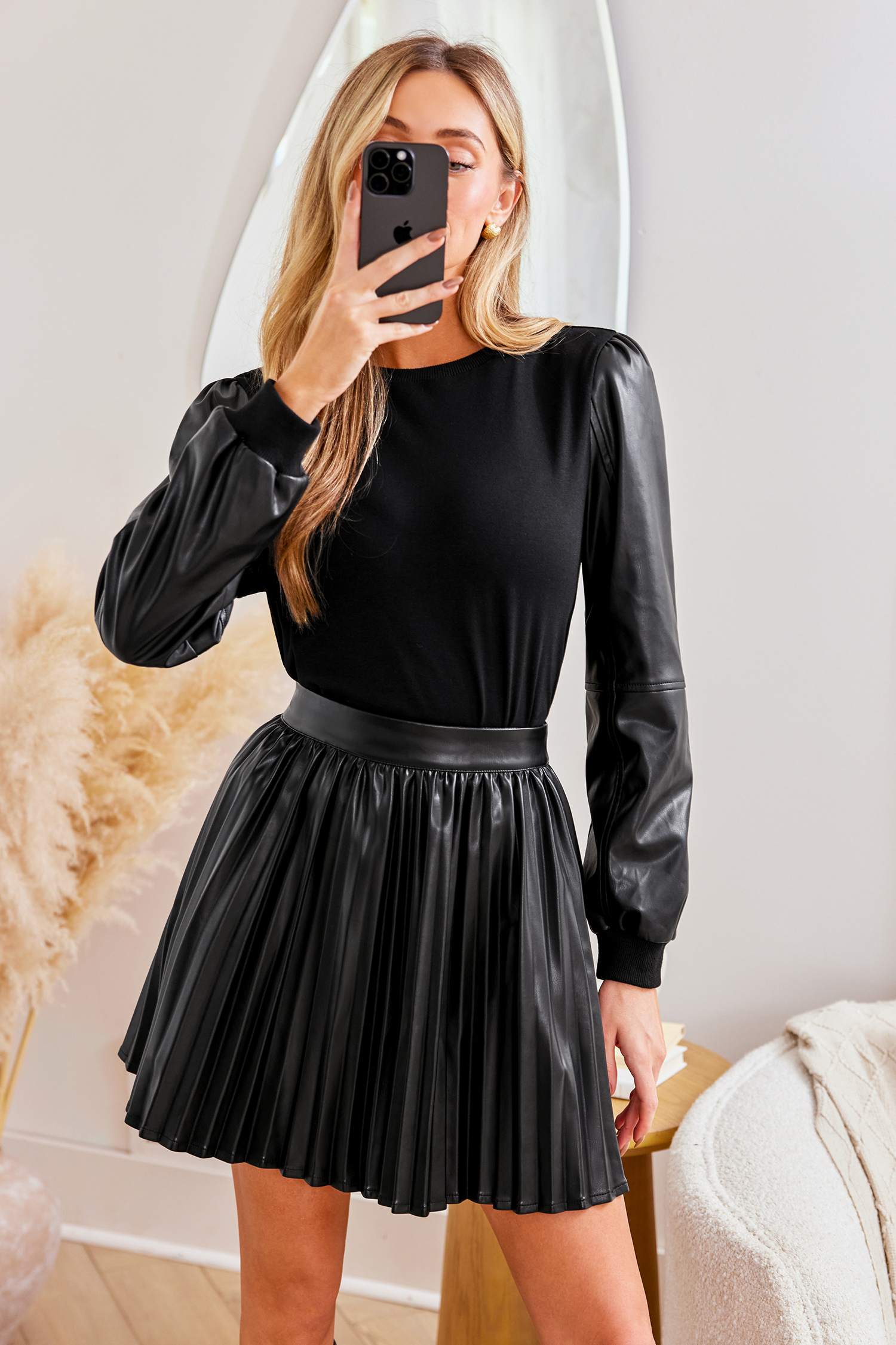 Faux Leather Sleeve Round Neck Top