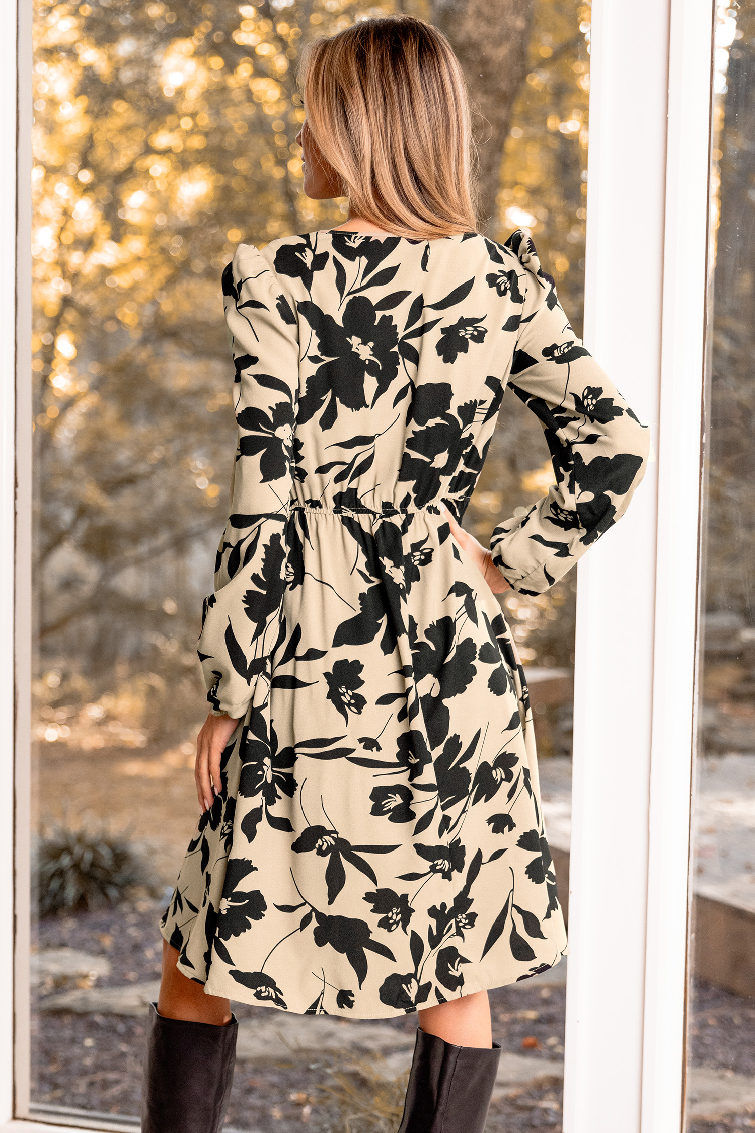 Black & Neutral Floral Surplice Mini Dress