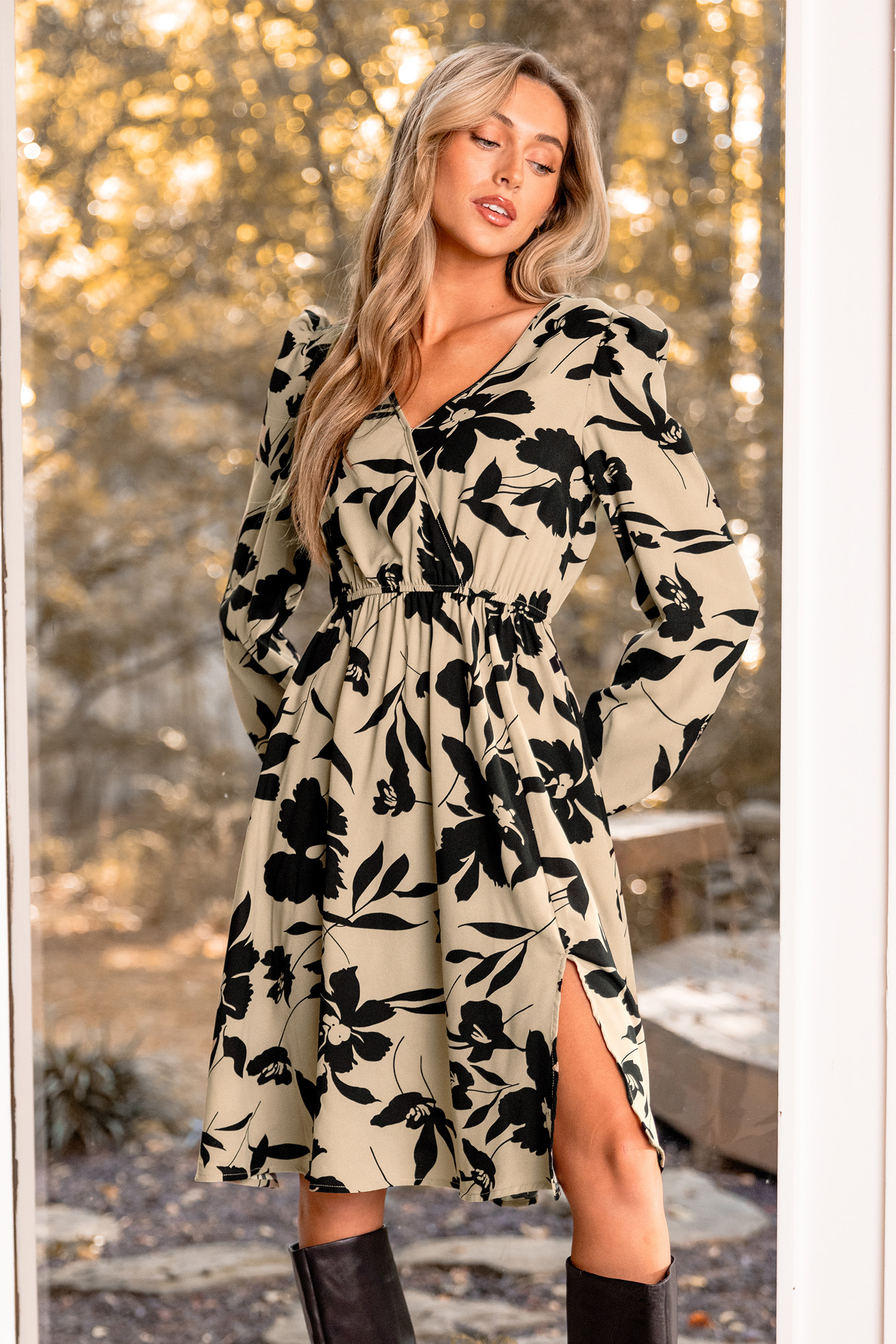 Black & Neutral Floral Surplice Mini Dress