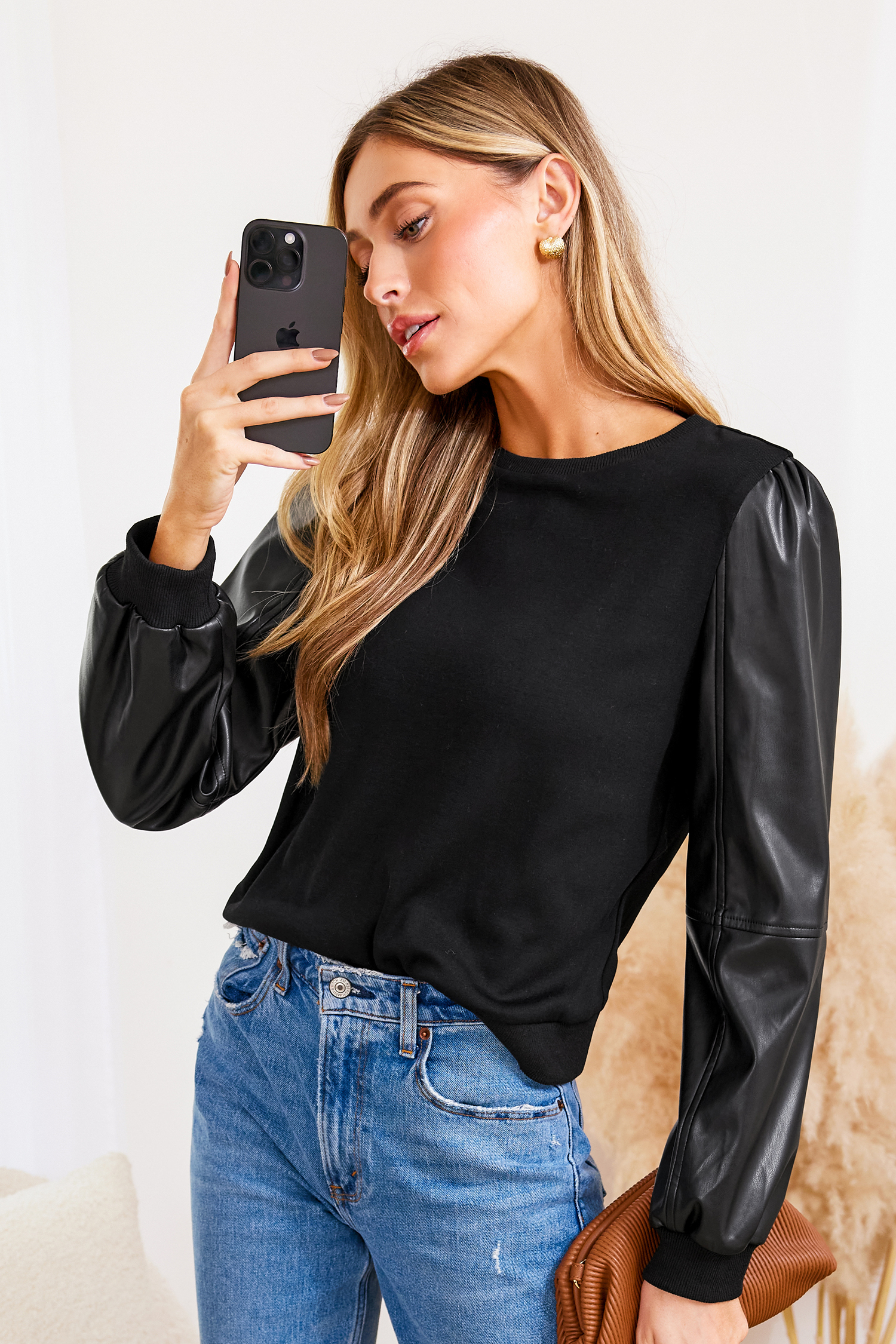 Faux Leather Sleeve Round Neck Top