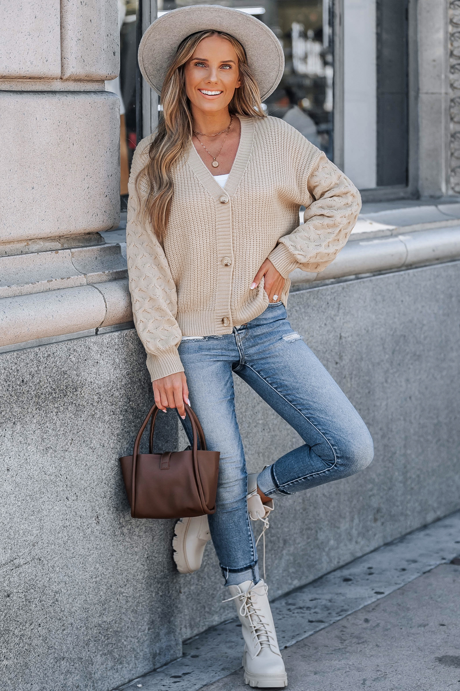 Apricot Honeycomb Puff Sleeve Cropped Cardigan