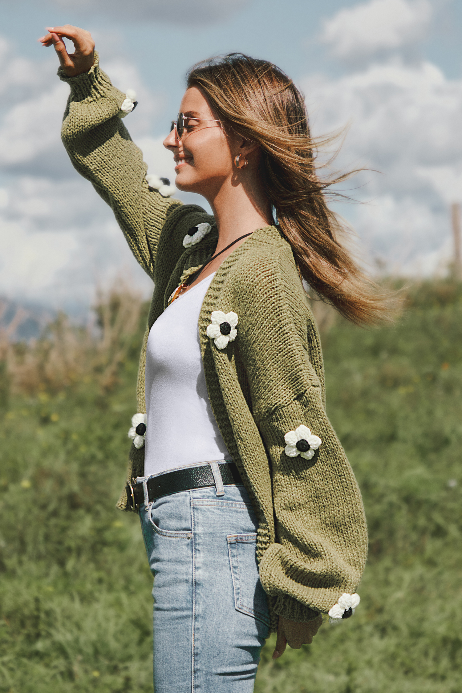 Green 3-D Floral Cardigan