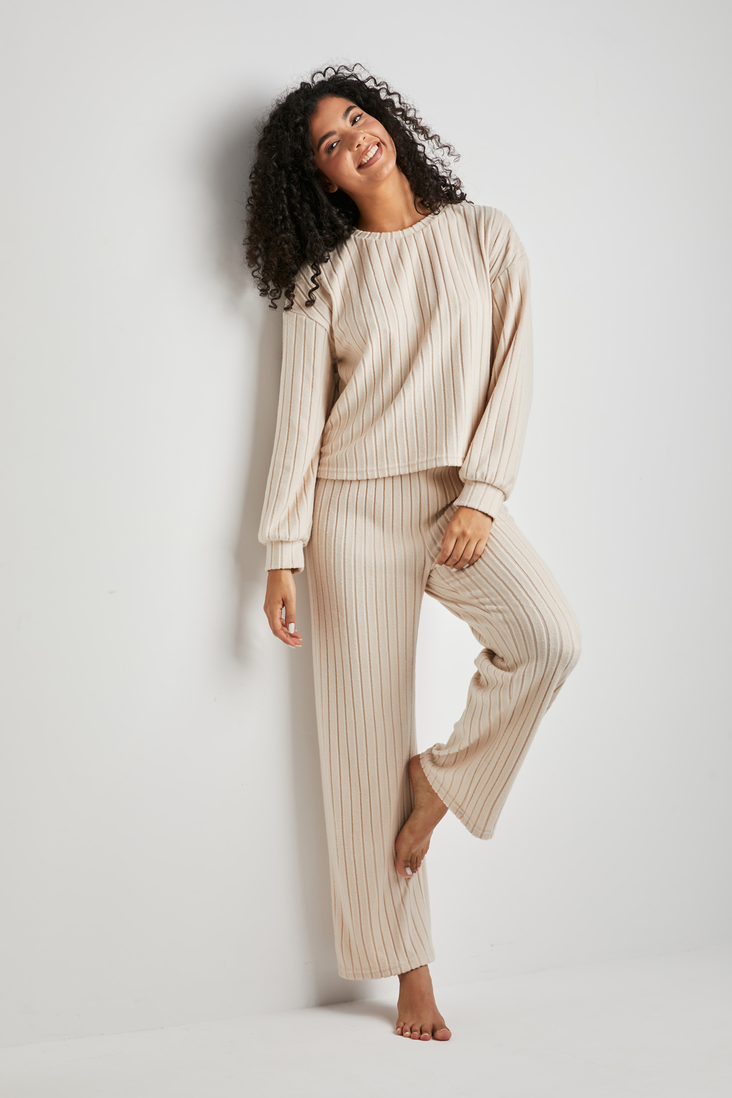 Beige Ribbed Knit Long Sleeve Top & Pants Pajama Set
