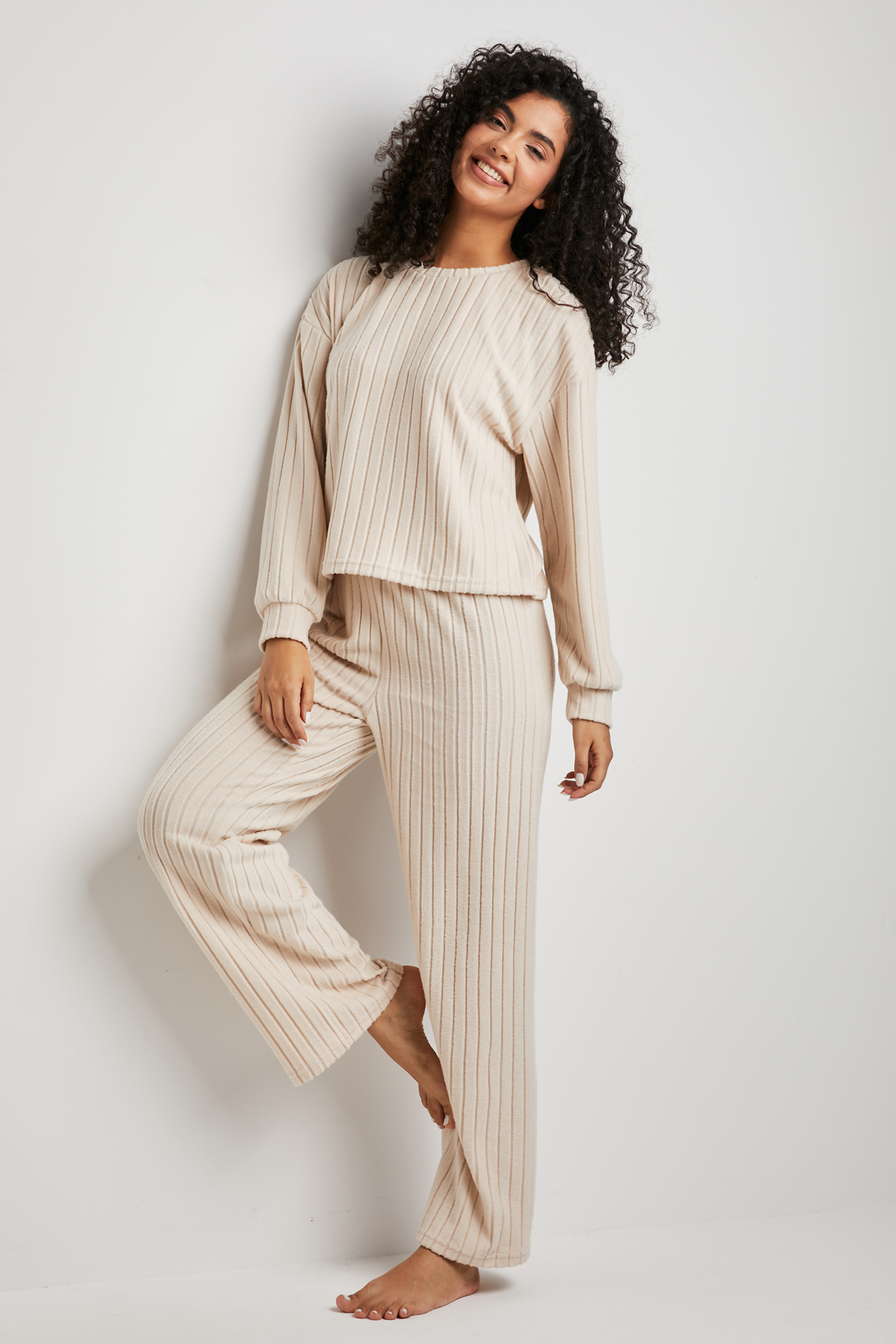 Beige Ribbed Knit Long Sleeve Top & Pants Pajama Set