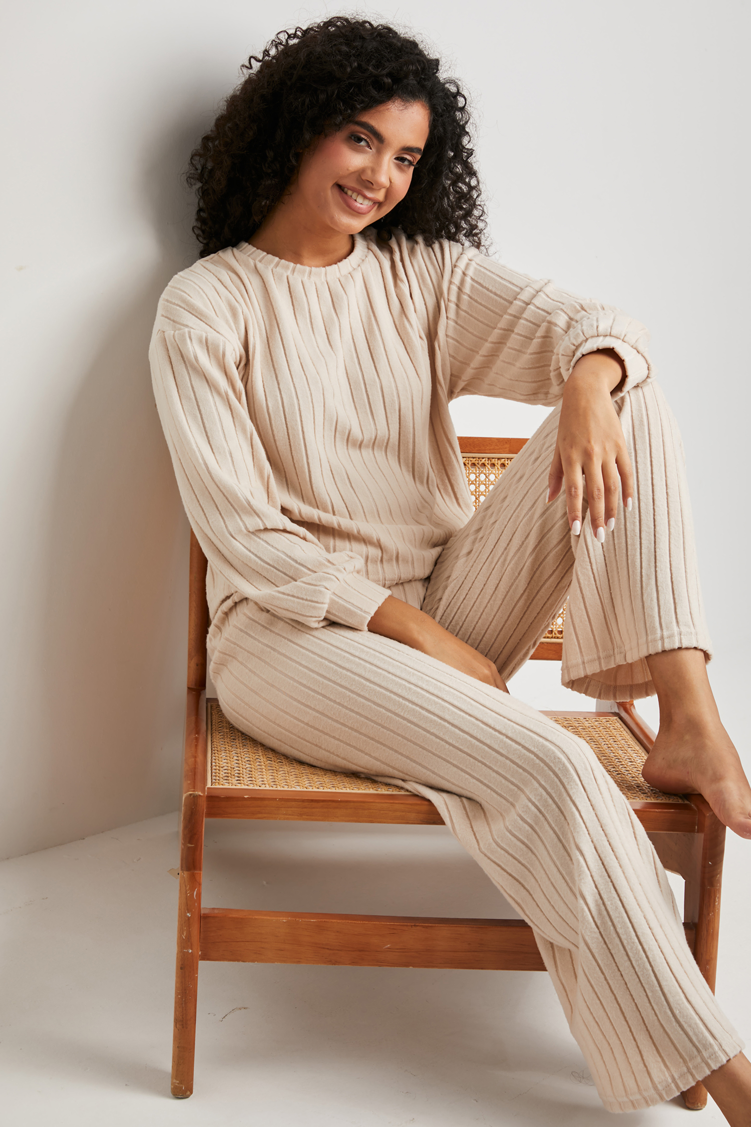 Beige Ribbed Knit Long Sleeve Top & Pants Pajama Set