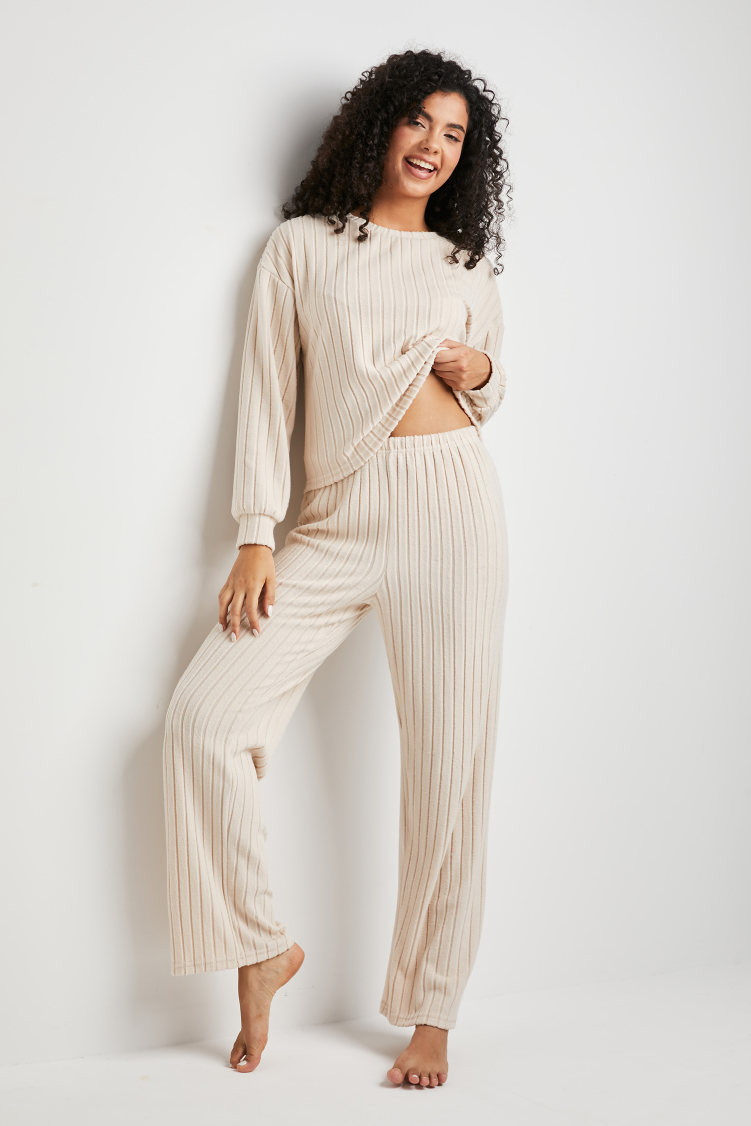 Beige Ribbed Knit Long Sleeve Top & Pants Pajama Set