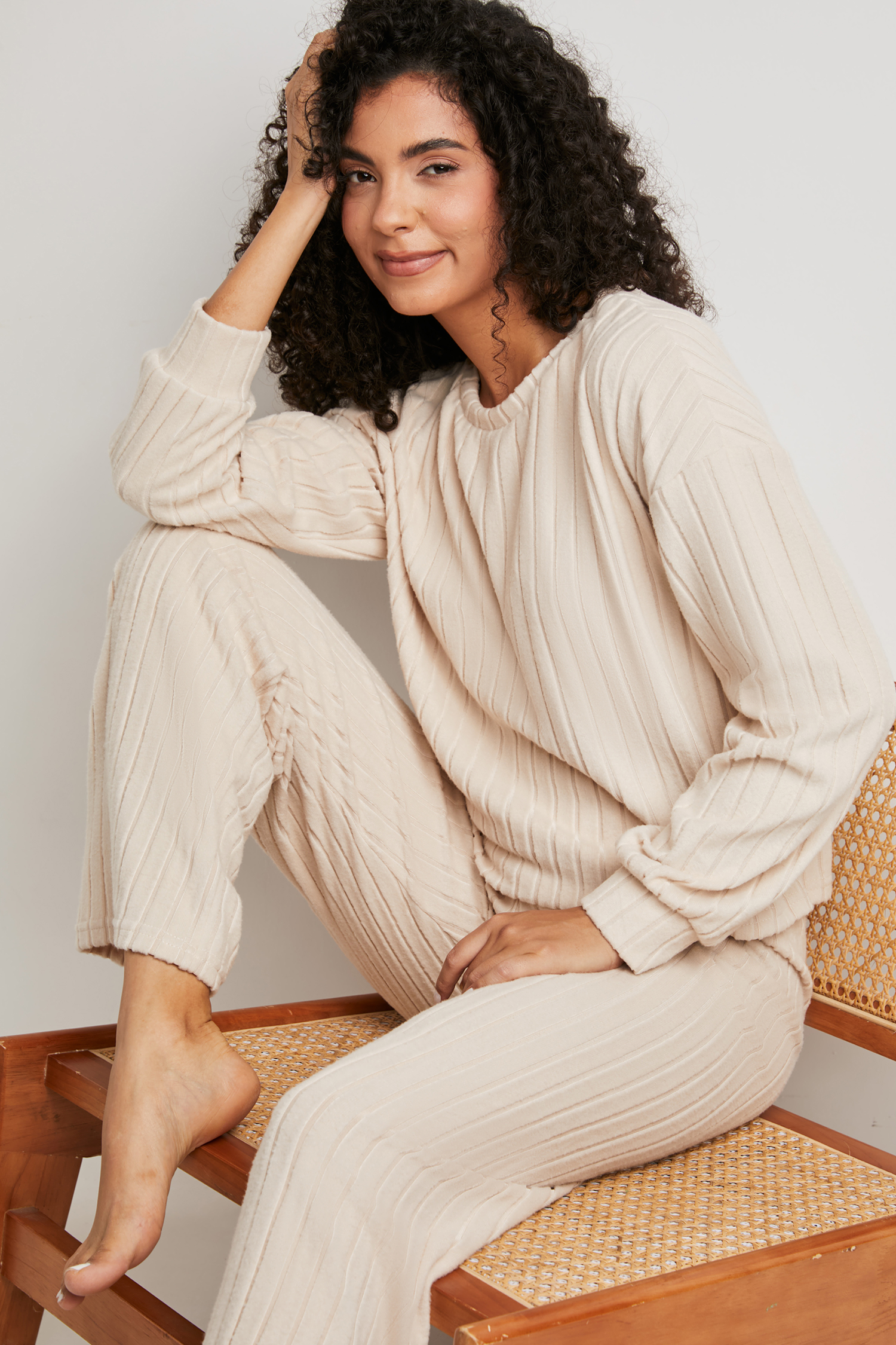 Beige Ribbed Knit Long Sleeve Top & Pants Pajama Set