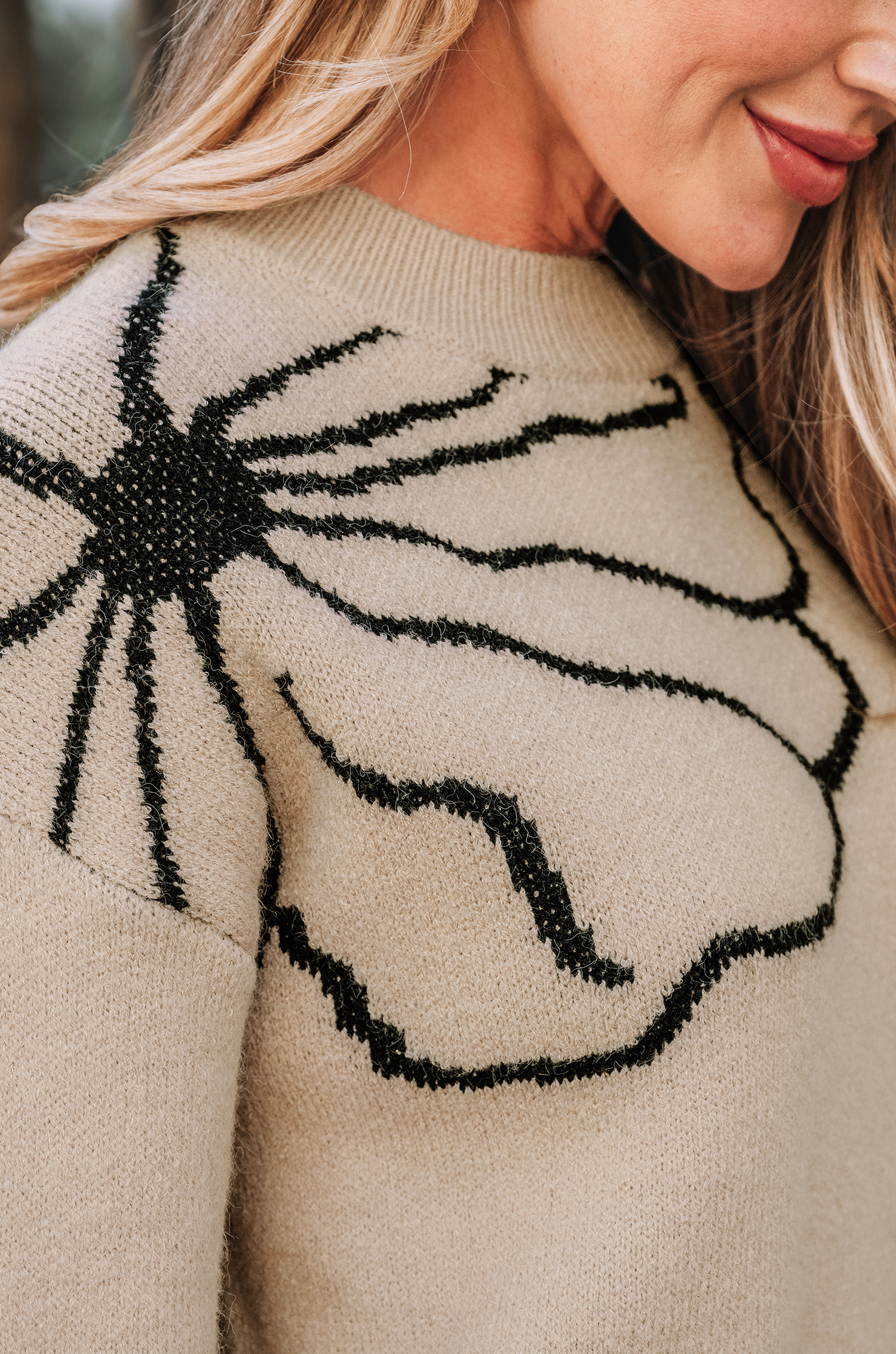 Khaki bloemen intarsia gebreide trui