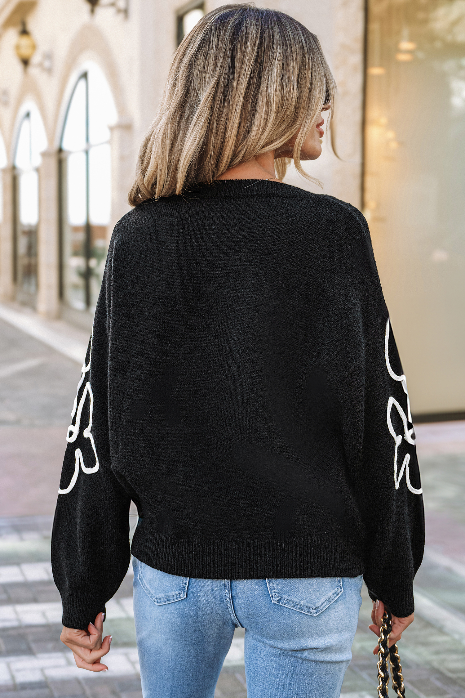 Black Floral Puff Long Sleeve Sweater