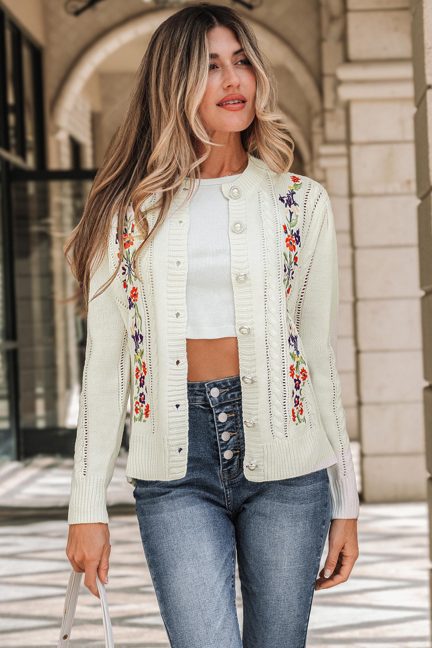Floral Embroidered Faux Pearl Button Cardigan