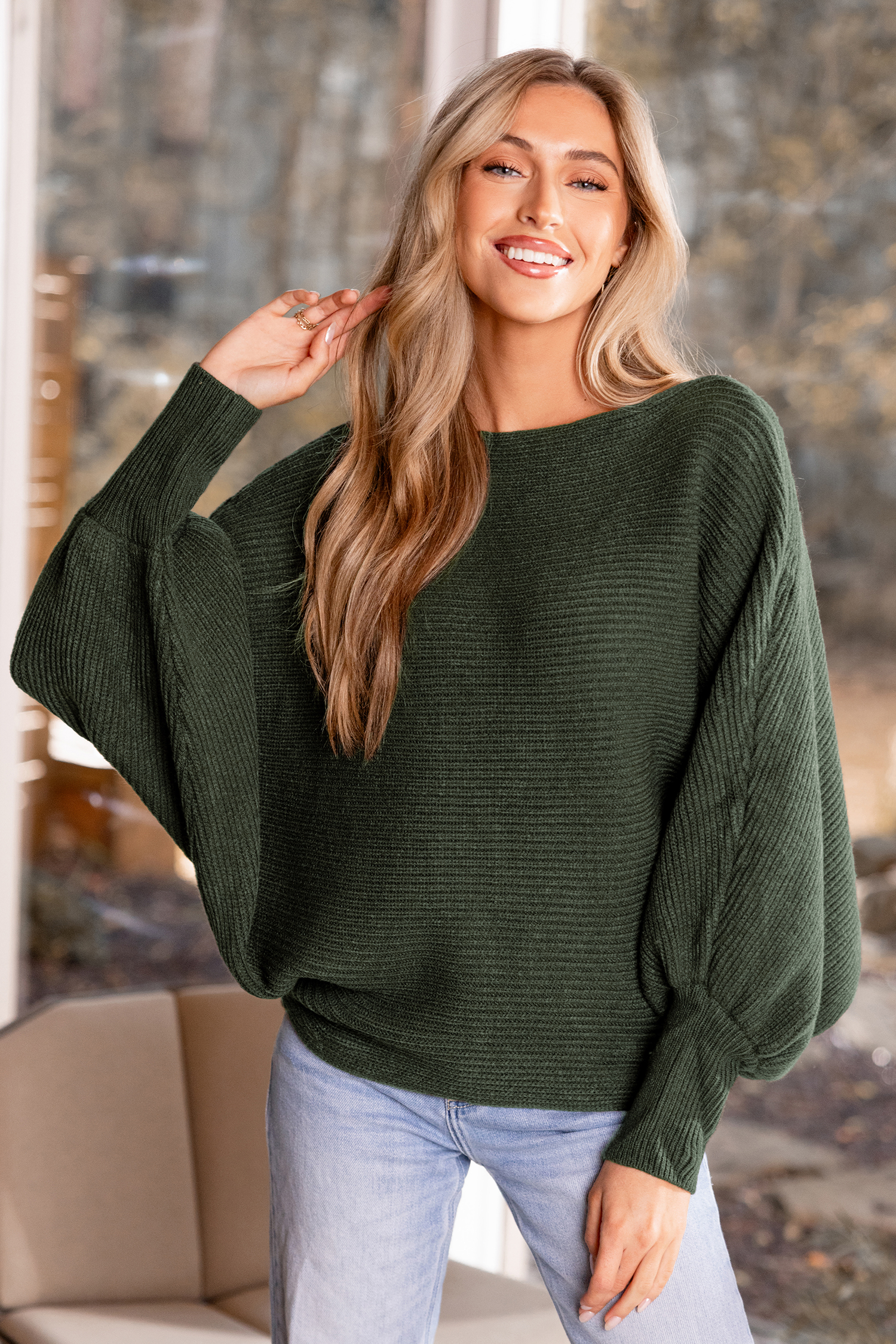 Green Boatneck Dolman Sleeve Sweater