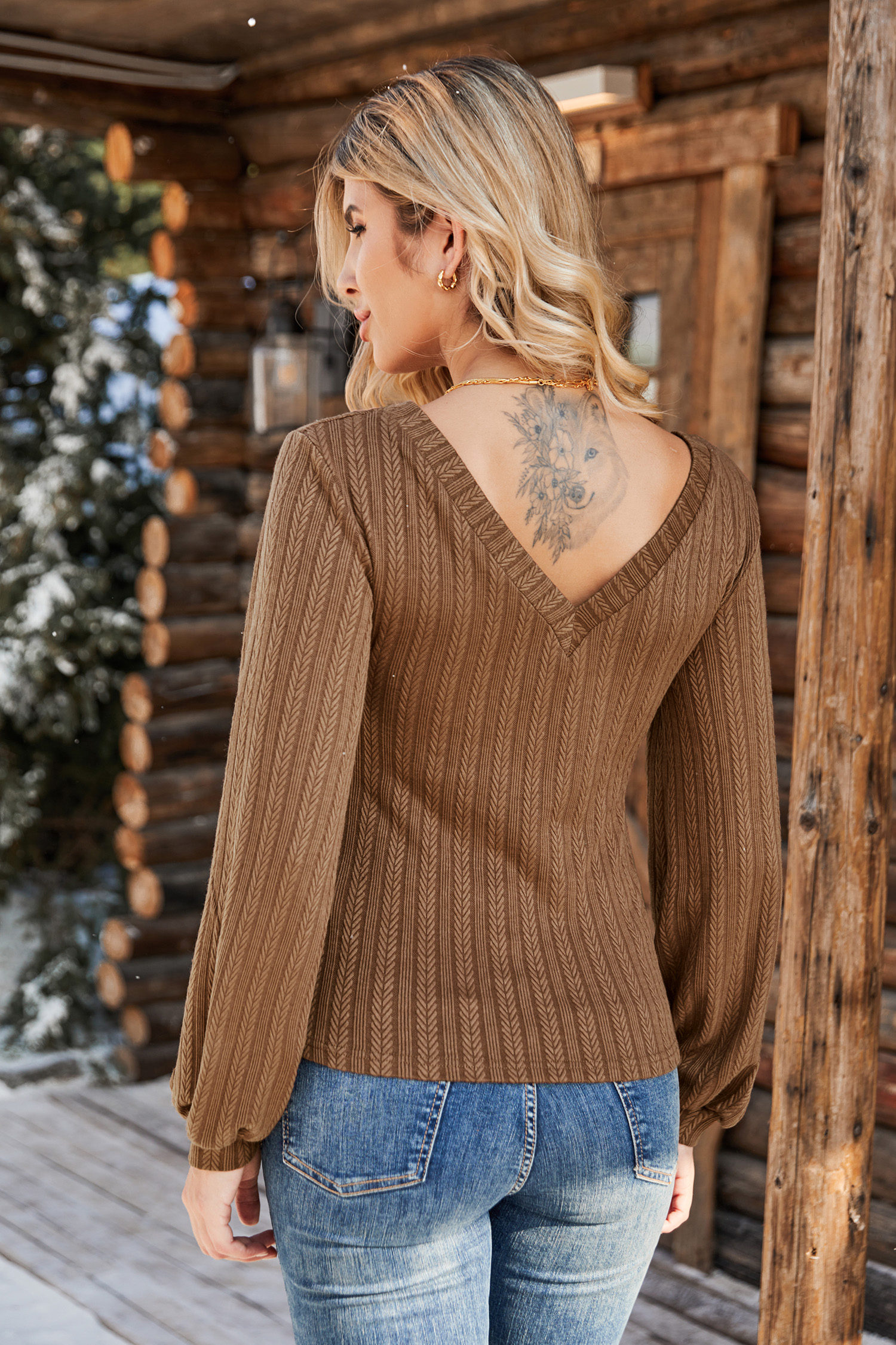 Brown Long Puff Sleeve Jumper Top