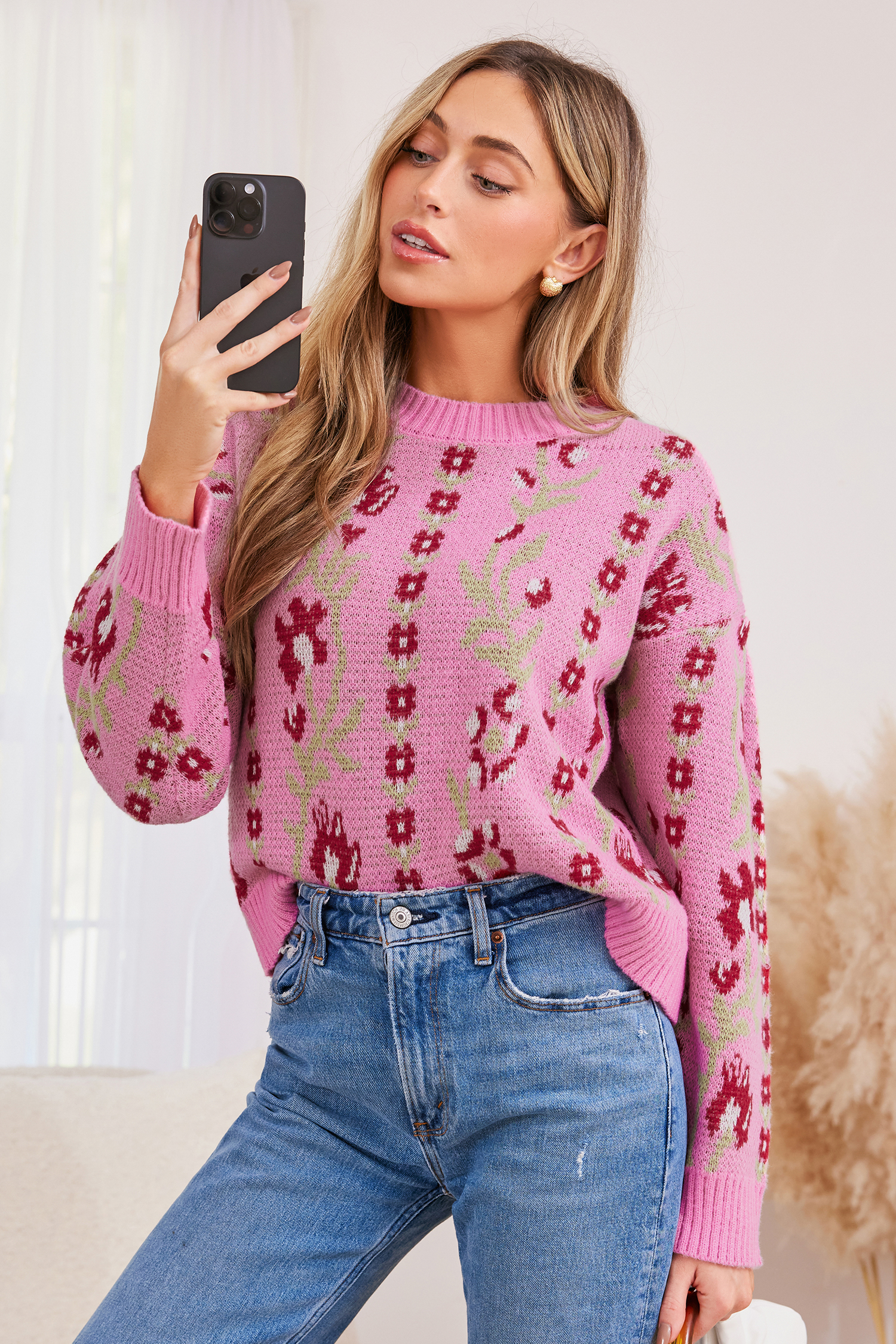 Cupshe Pink Floral Long Sleeve Sweater In Multi