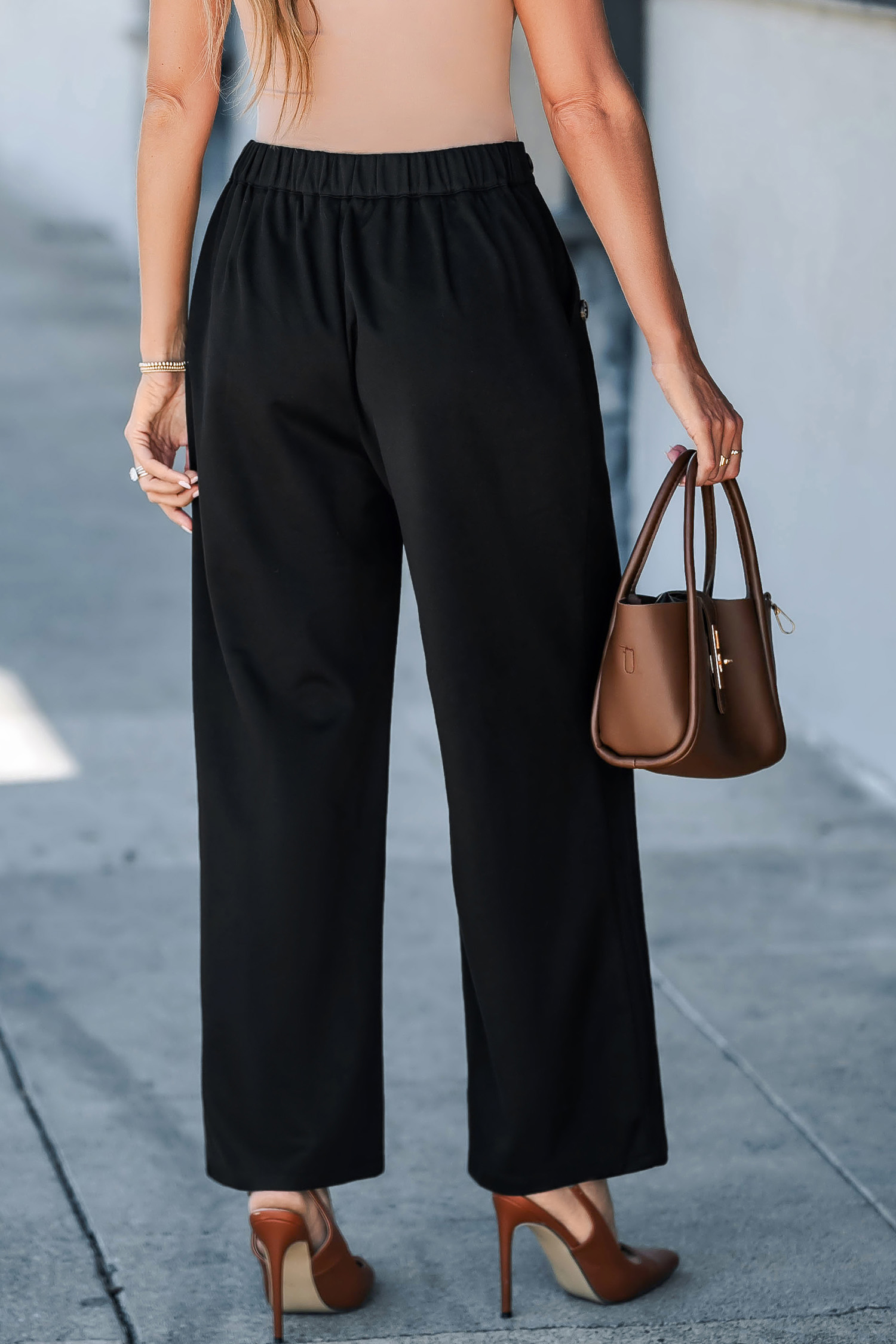 Black Side Button Straight Leg Jersey Pants
