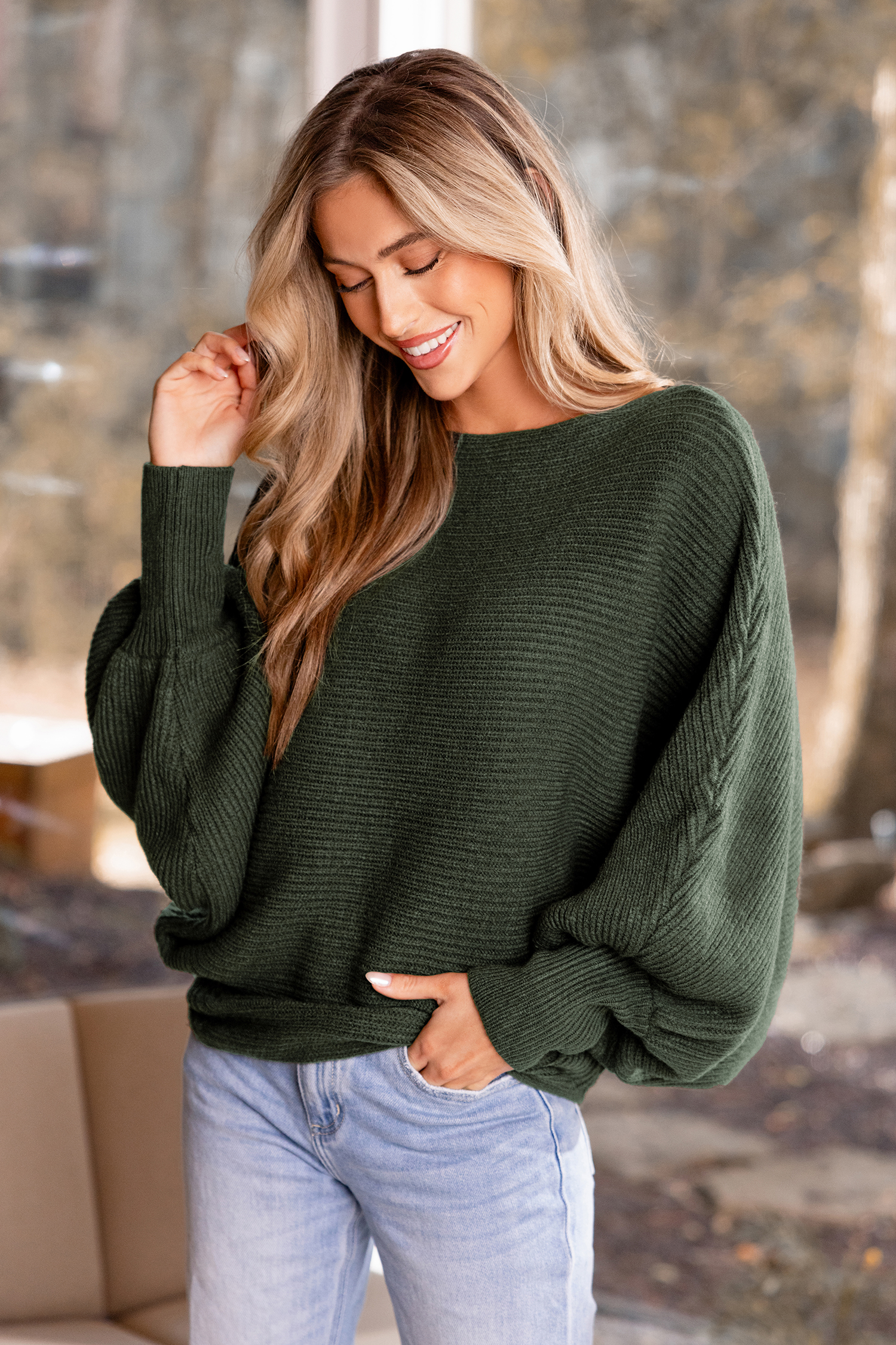 Green Boatneck Dolman Sleeve Sweater