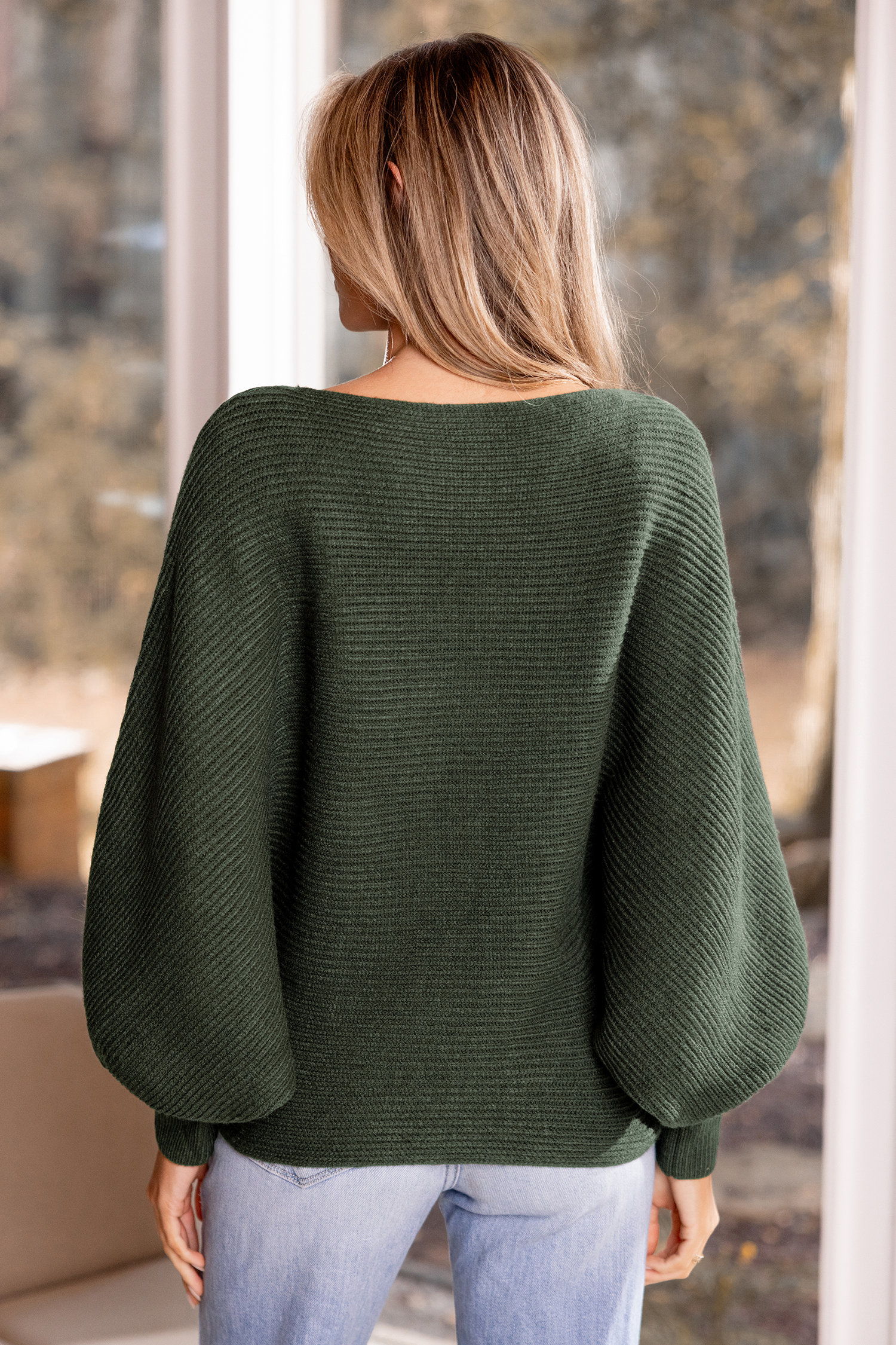 Green Boatneck Dolman Sleeve Sweater