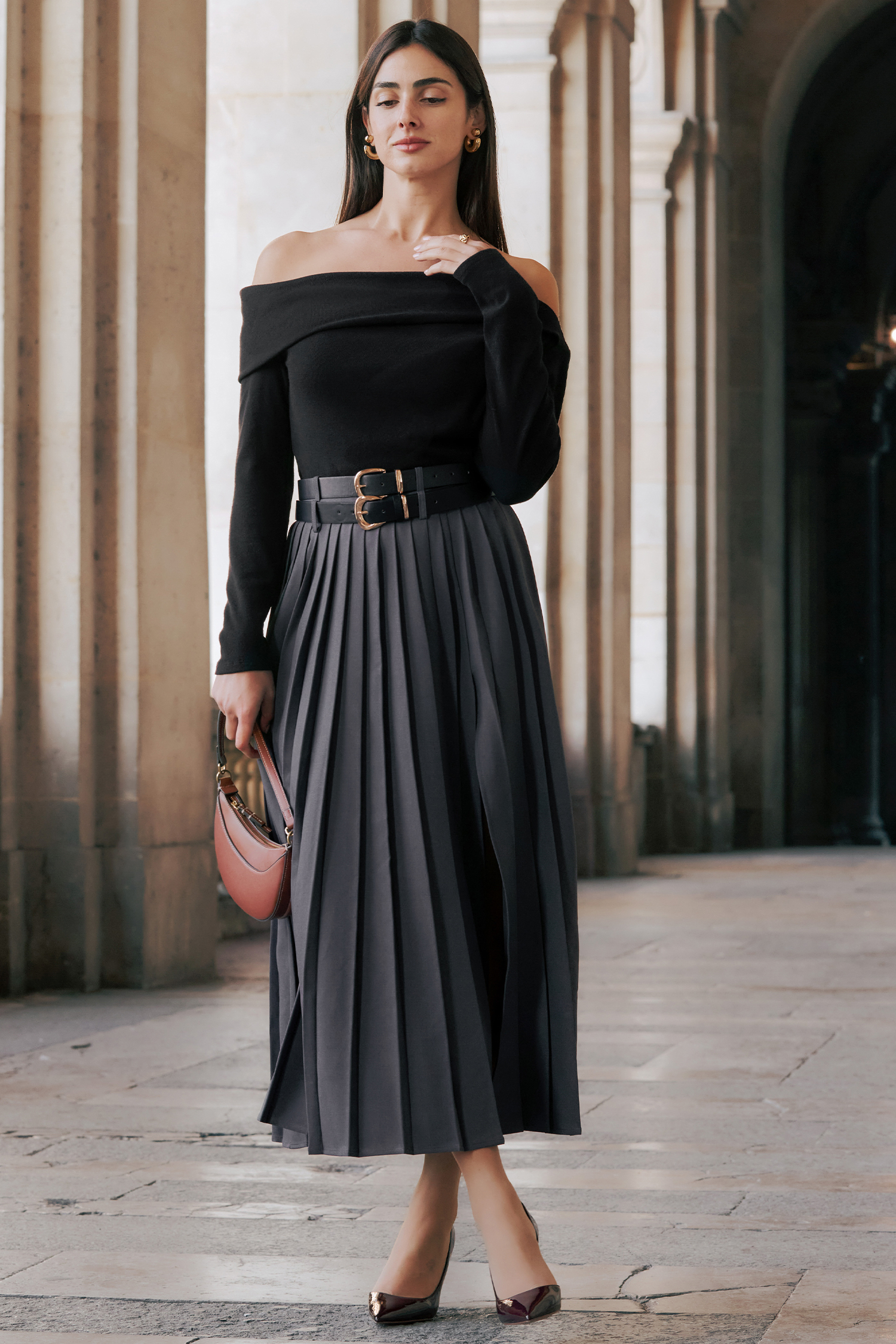 Black Off-Shoulder Long Sleeve Knit Top