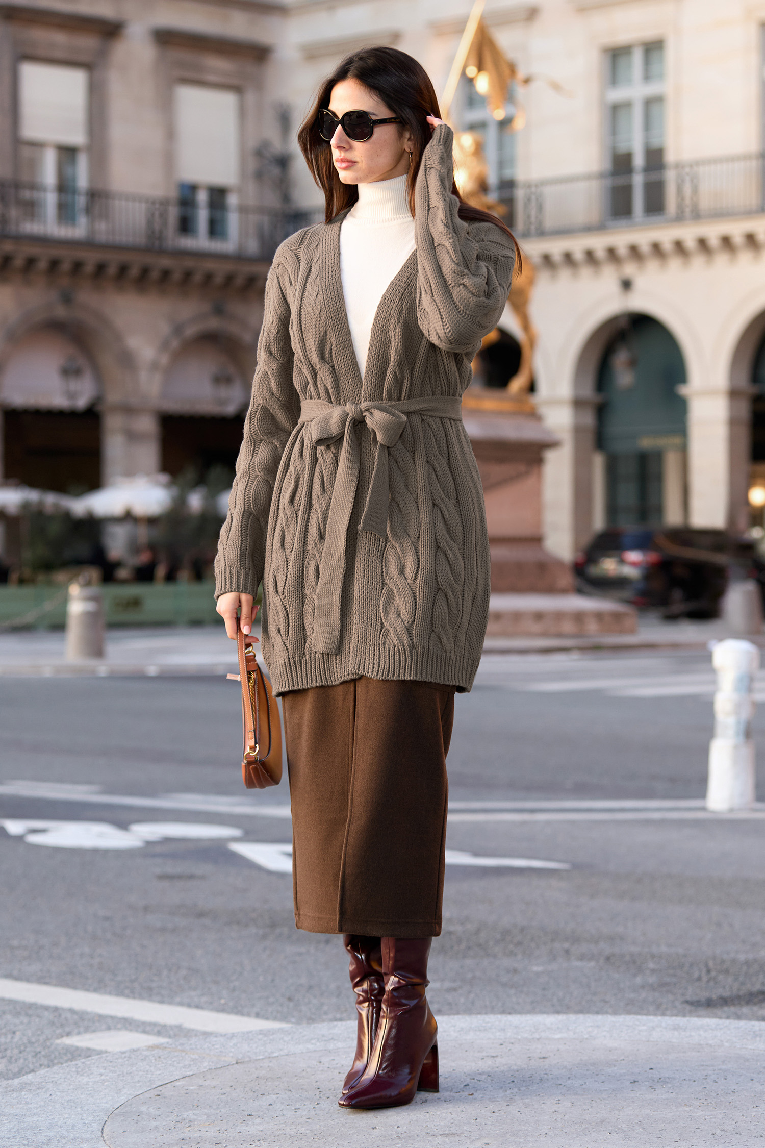Camel Long Sleeve Belted Knit Cardigan