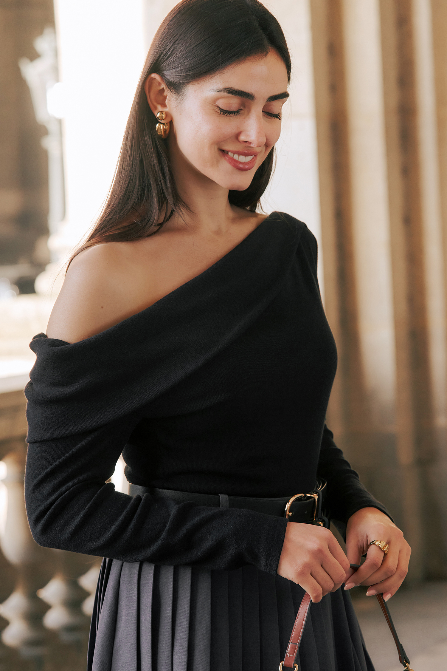Black Off-Shoulder Long Sleeve Knit Top