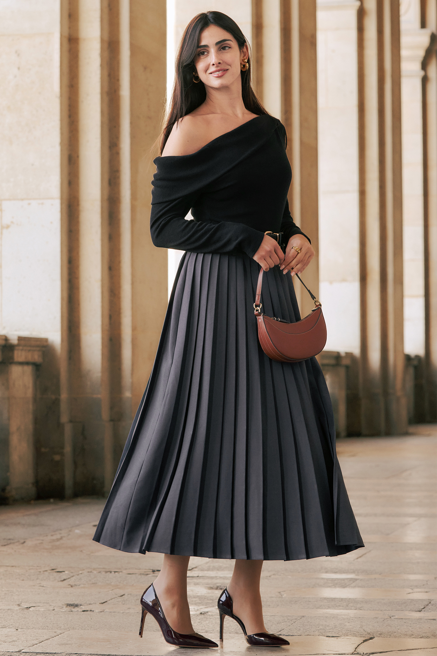 Black Off-Shoulder Long Sleeve Knit Top