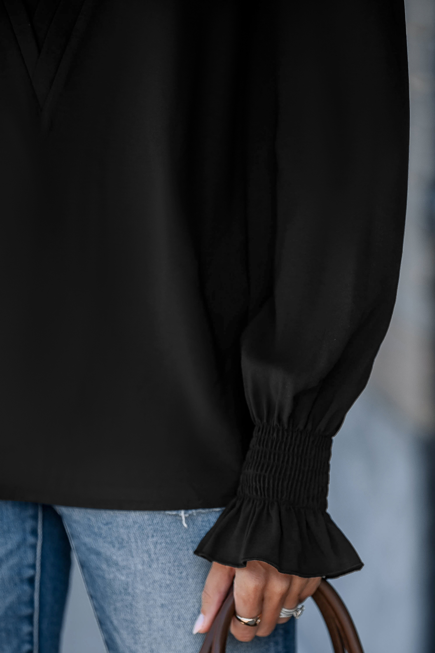Black Puff Sleeve Smocked Cuff Blouse
