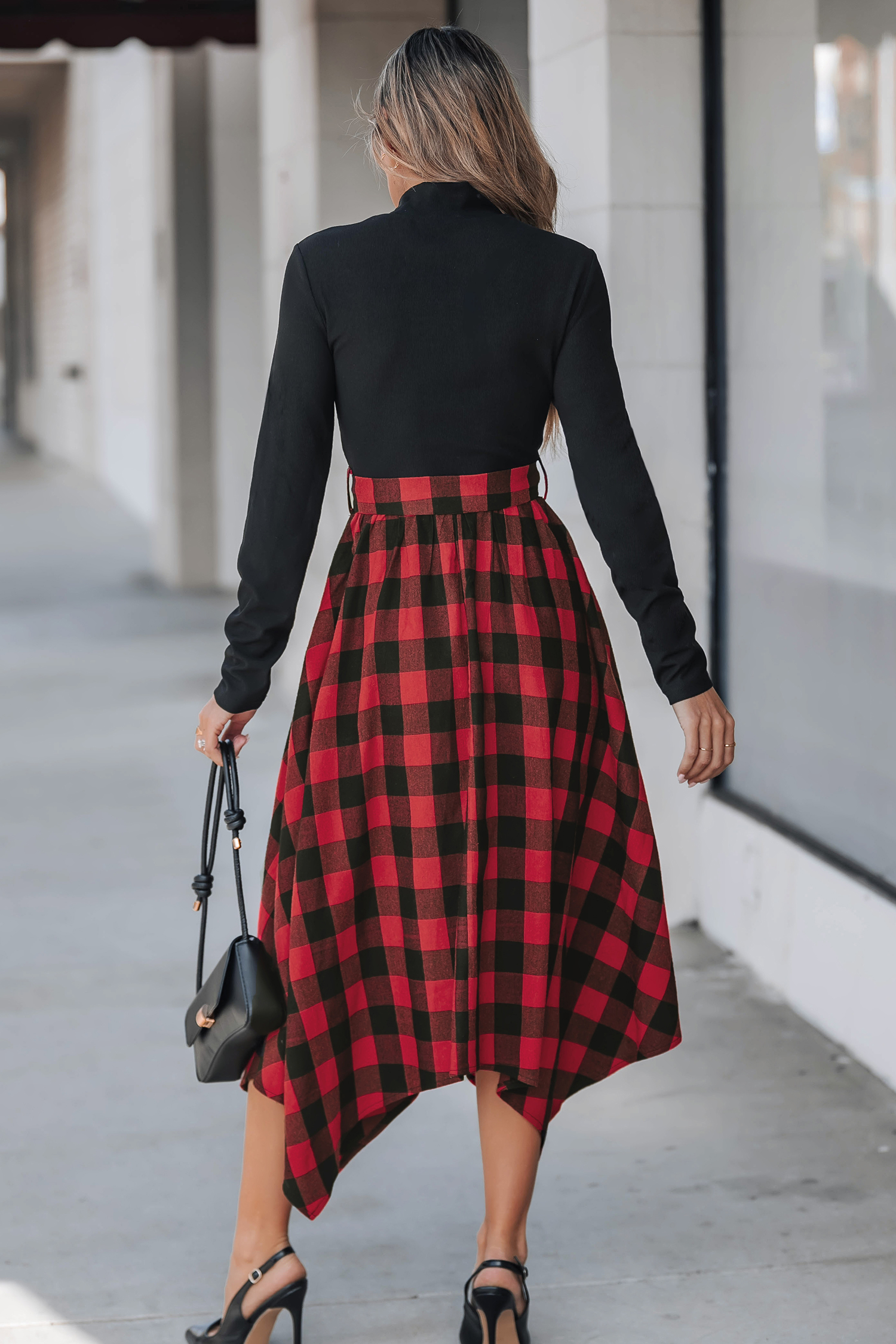 Cupshe Black Mockneck Top Plaid Handkerchief Hem Skirt Midi Dress In Red