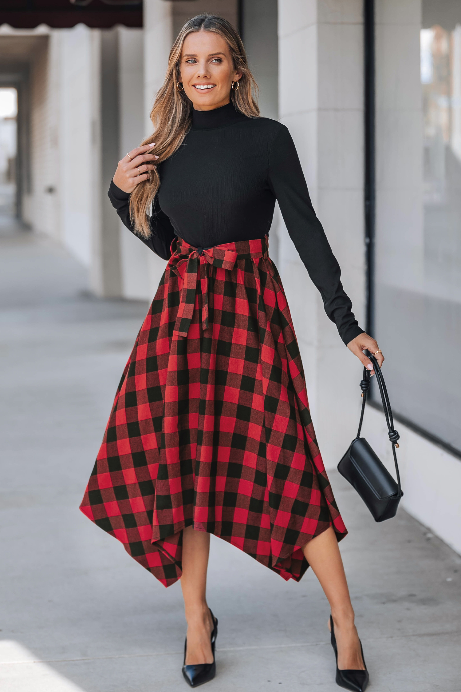 Cupshe Black Mockneck Top Plaid Handkerchief Hem Skirt Midi Dress In Red