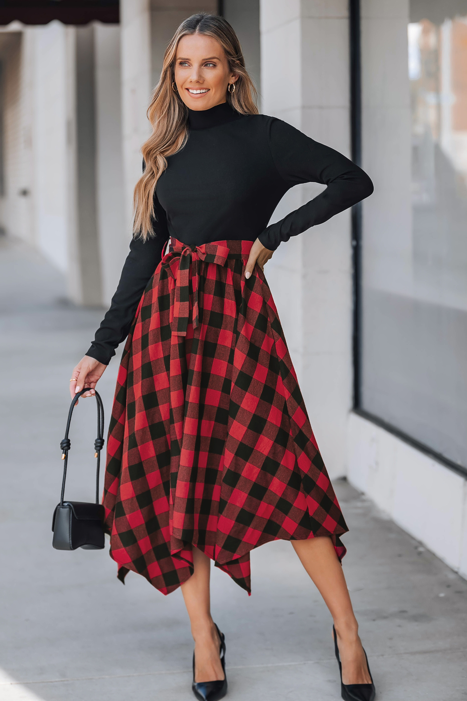 Cupshe Black Mockneck Top Plaid Handkerchief Hem Skirt Midi Dress In Red