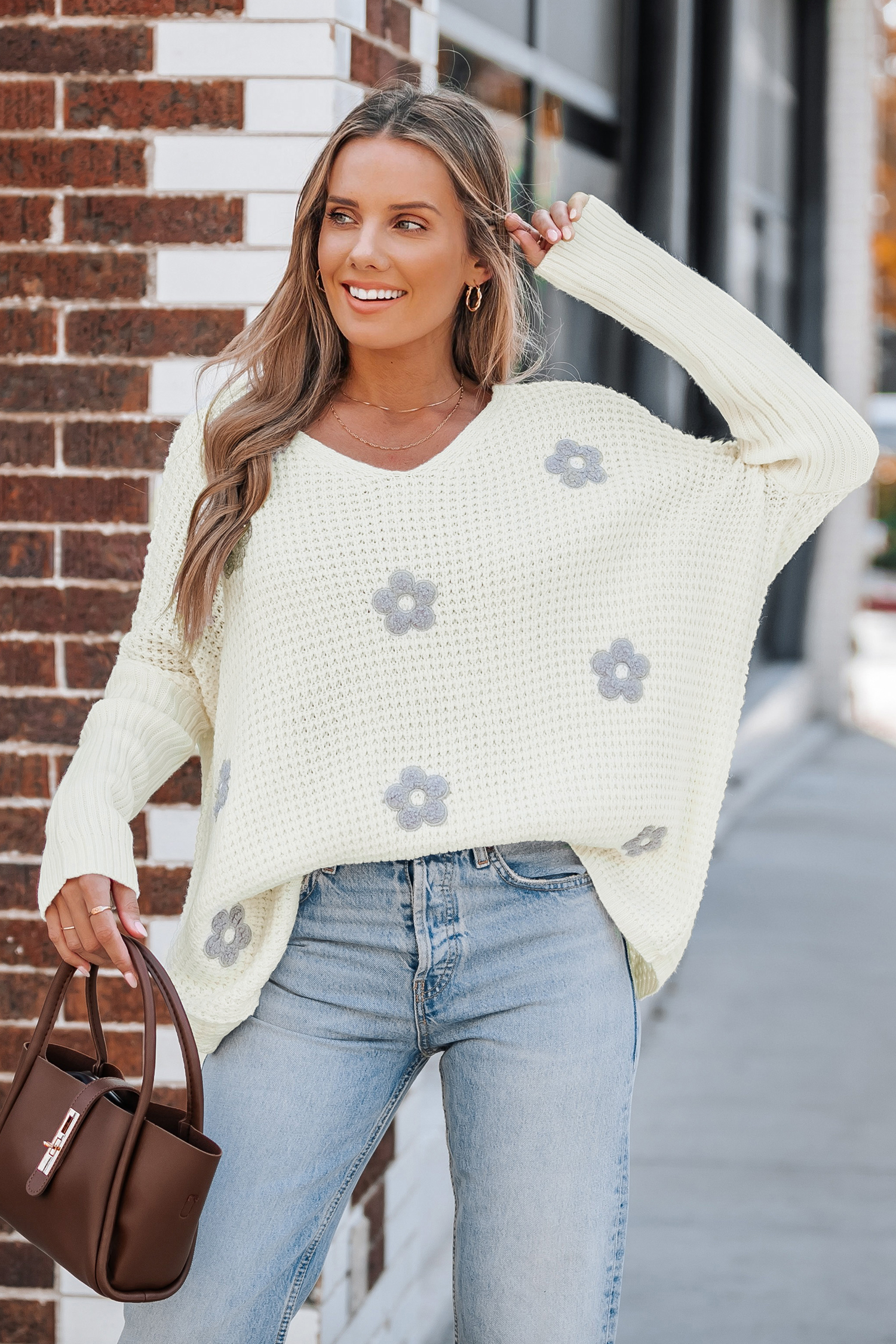 White Floral Embroidered Long Sleeve Sweater