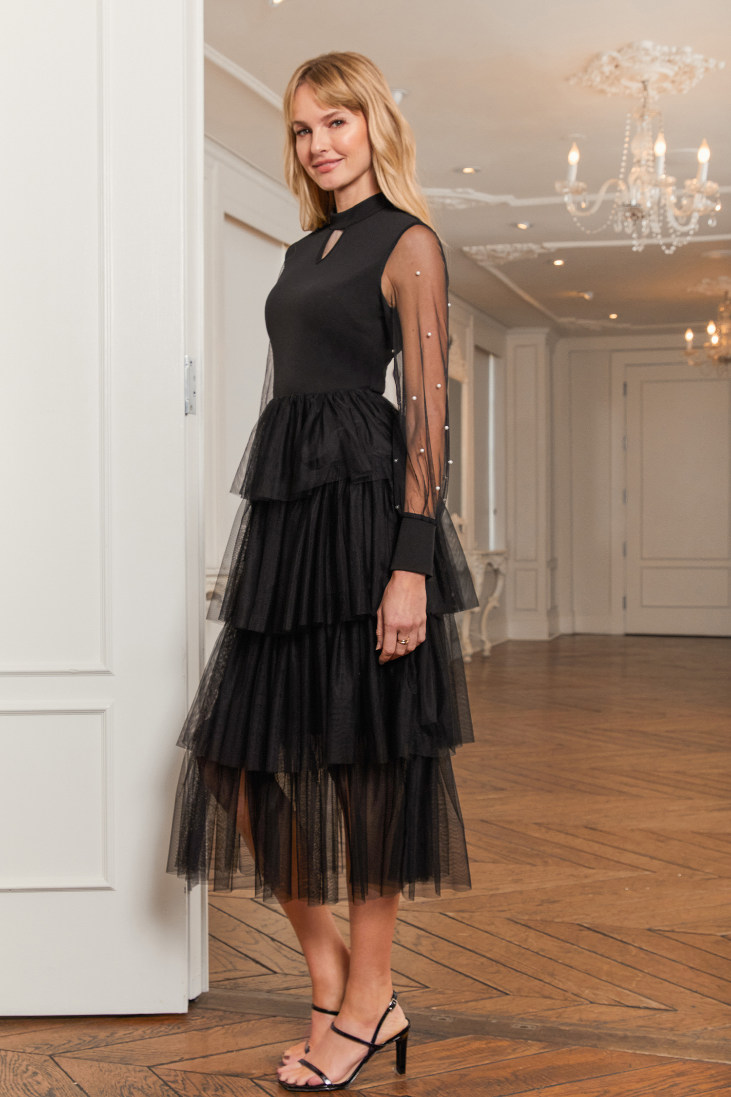 Black High Neck Sheer Sleeve Tiered Mesh Midi Dress