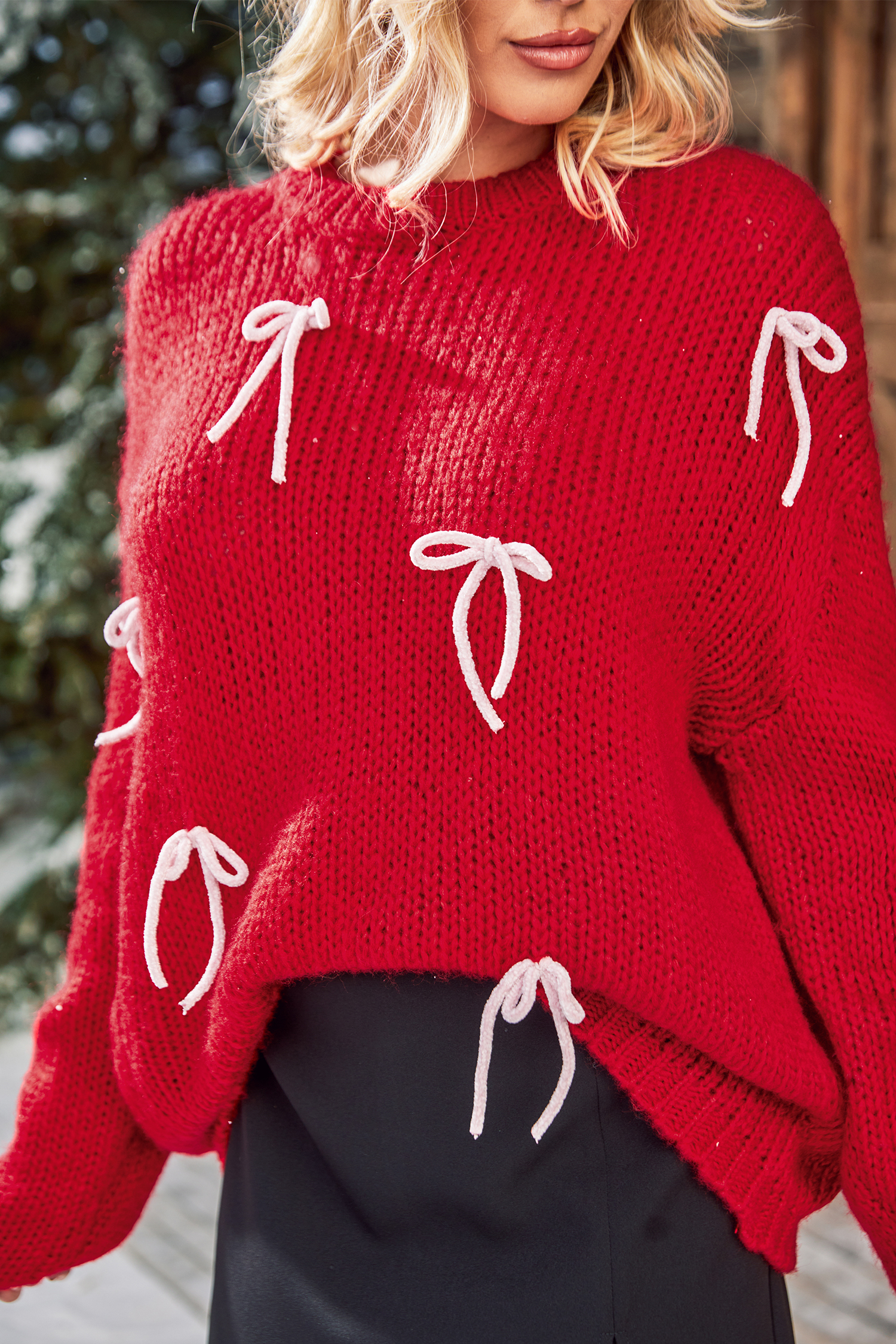 Red Knit Bow Embellished Sweater