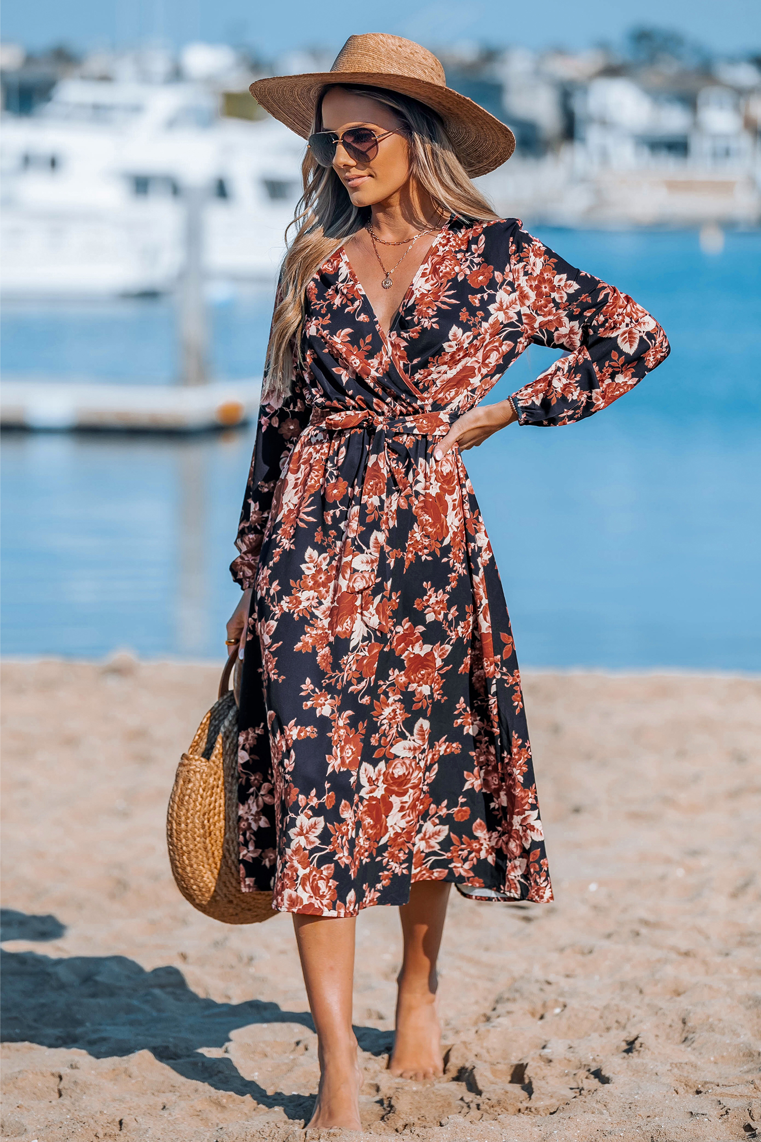 Dark Floral Blouson Sleeve Midi Dress