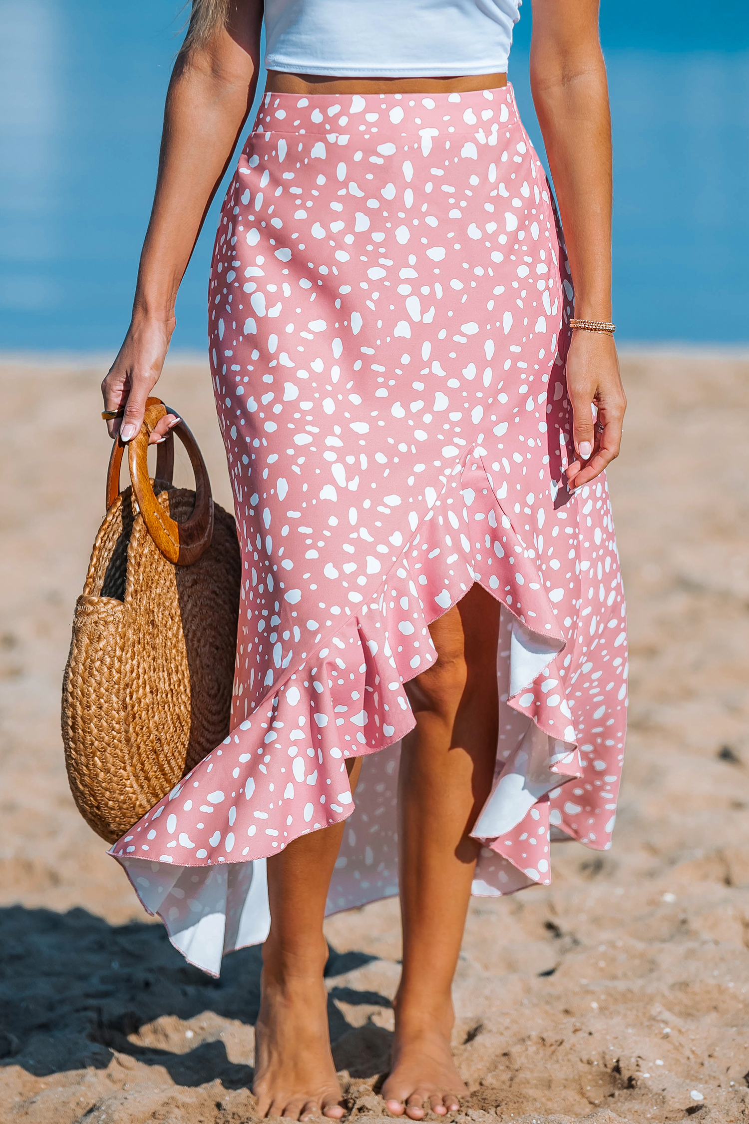 Abstract Dot Pink Ruffled Hem Skirt