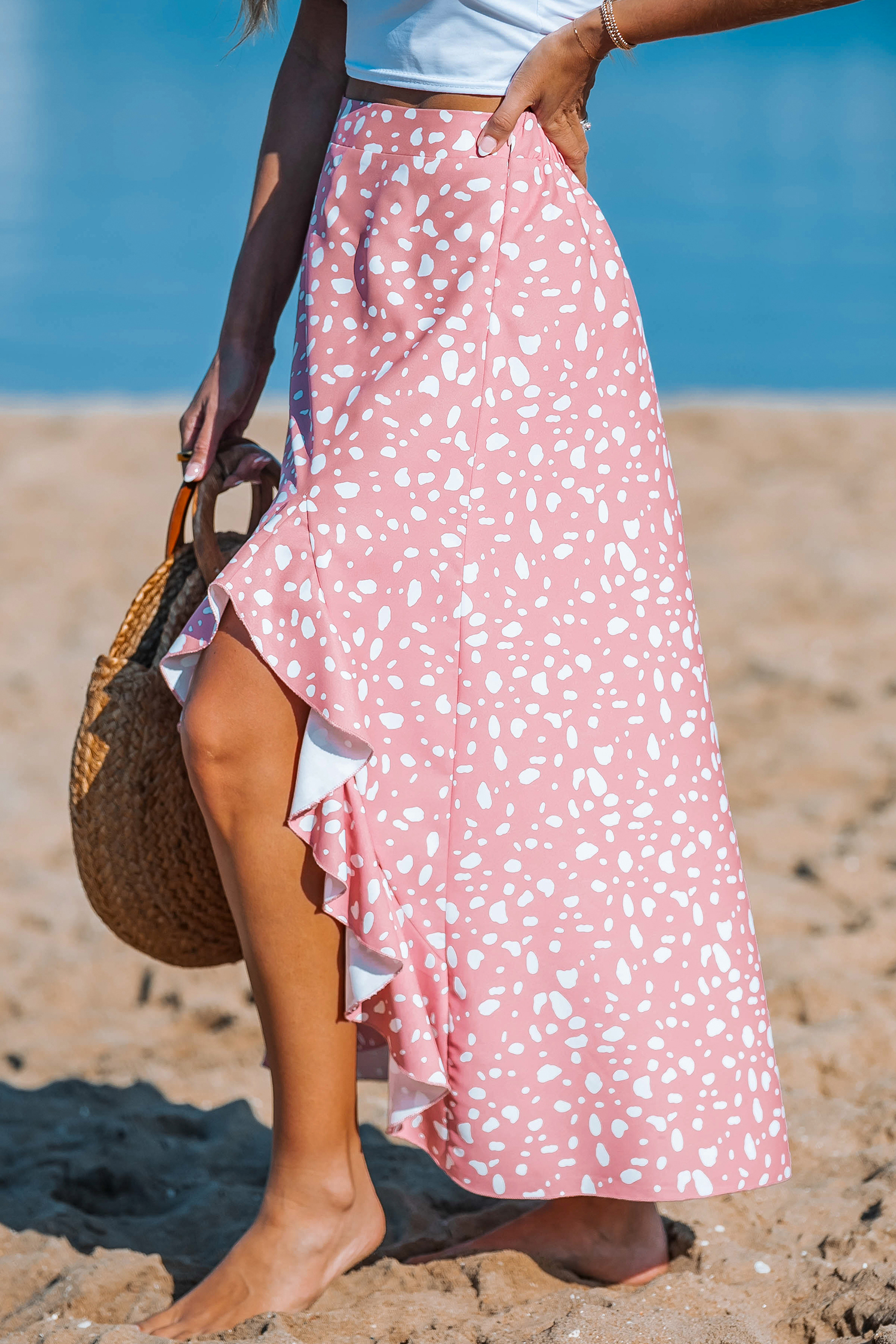 Abstract Dot Pink Ruffled Hem Skirt