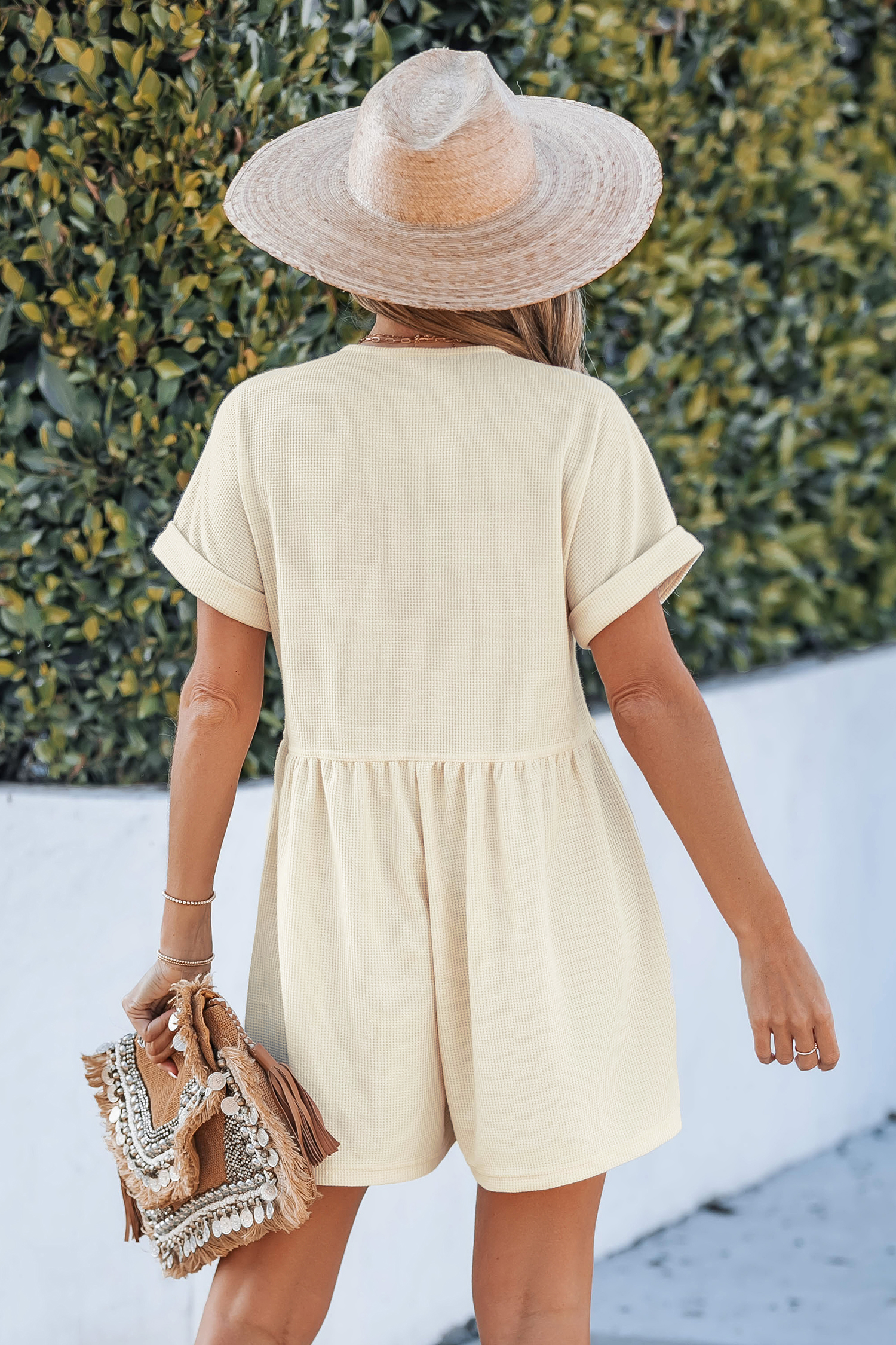 Beige Waffle Knit Button Front Romper