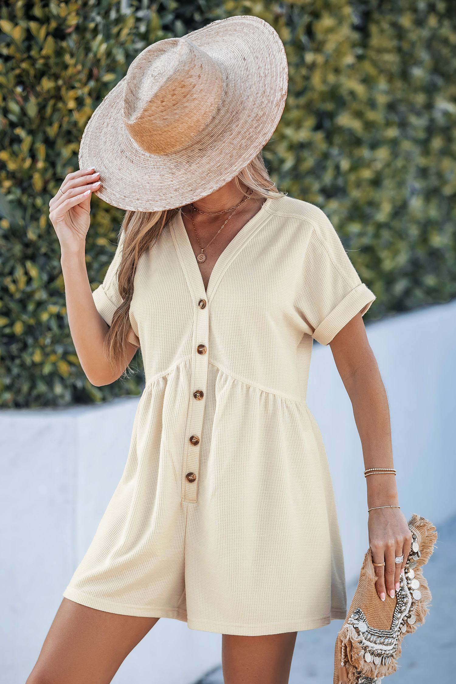 Beige Waffle Knit Button Front Romper