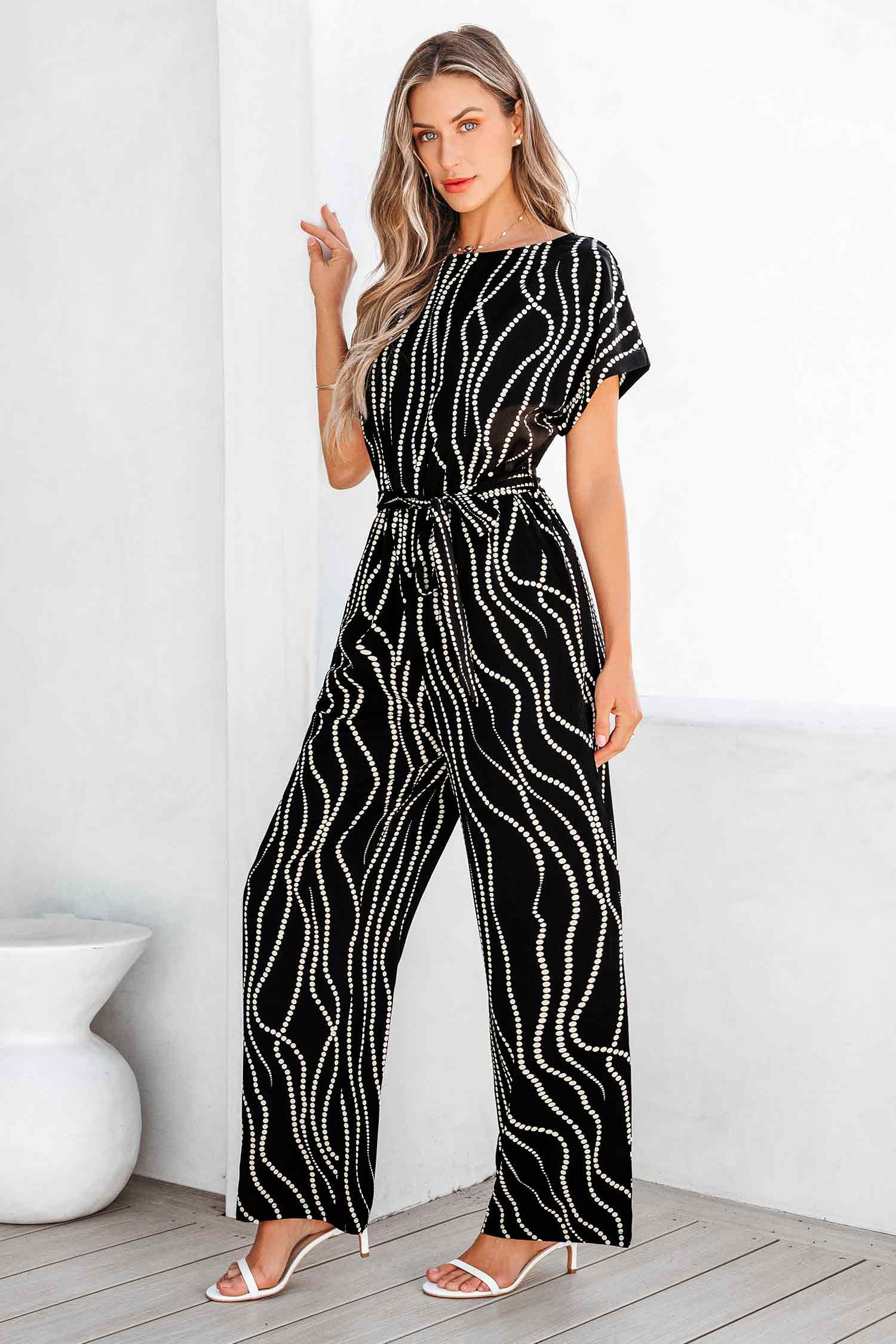 Abstract Dot Boatneck Wide Leg Jumpsuit